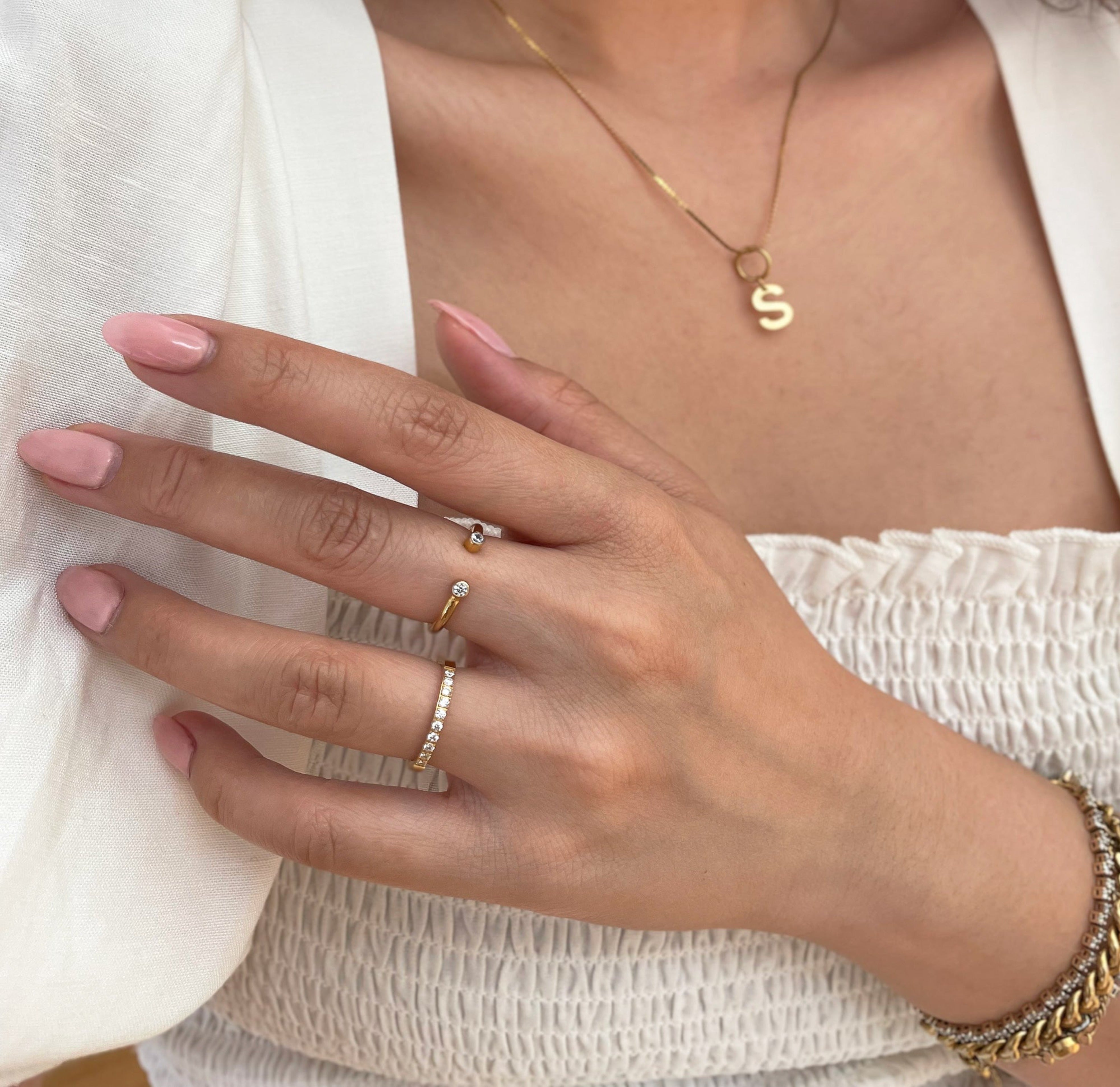 Jolie dainty gold open ring paired with Stella hand eternity ring. waterproof jewelry