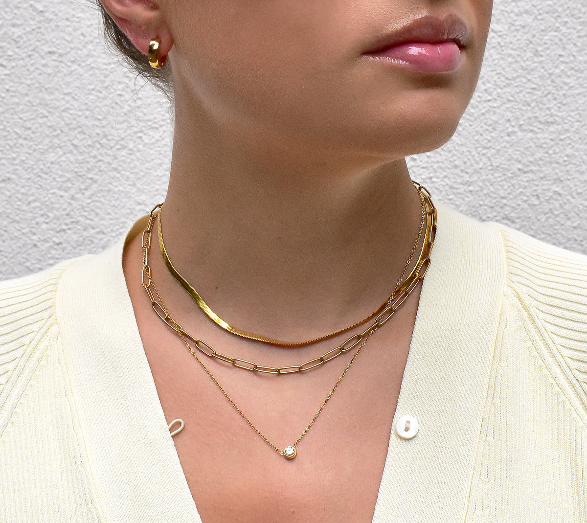 gold dainty necklace stack paperclip chain snake chain floating solitaire necklace waterproof jewelry