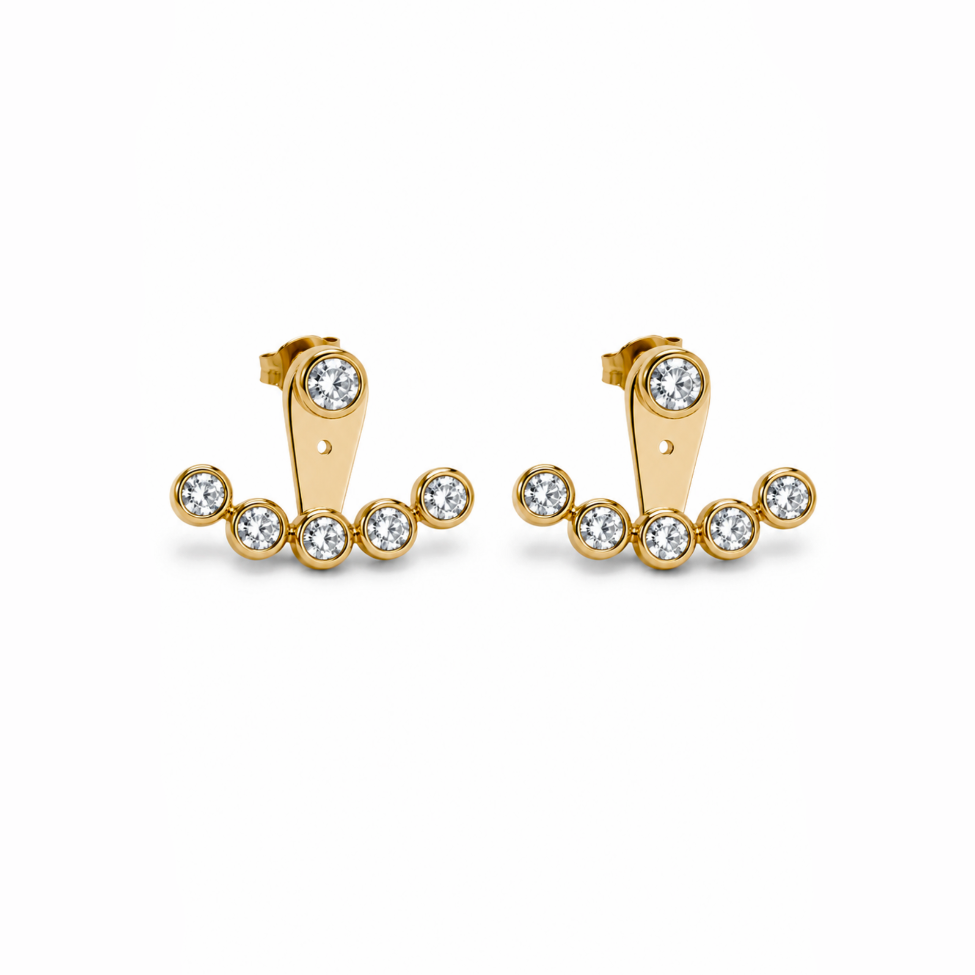 Gold ear jacket earrings with clear gemstones on a white background