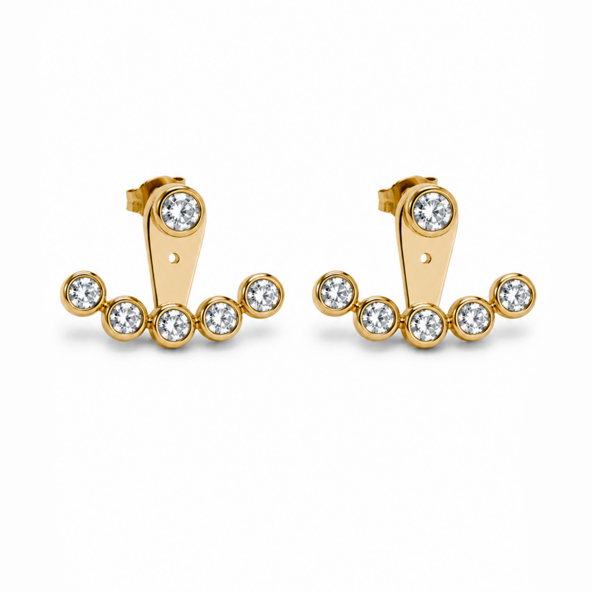 Gold ear jacket earrings with clear gemstones on a white background