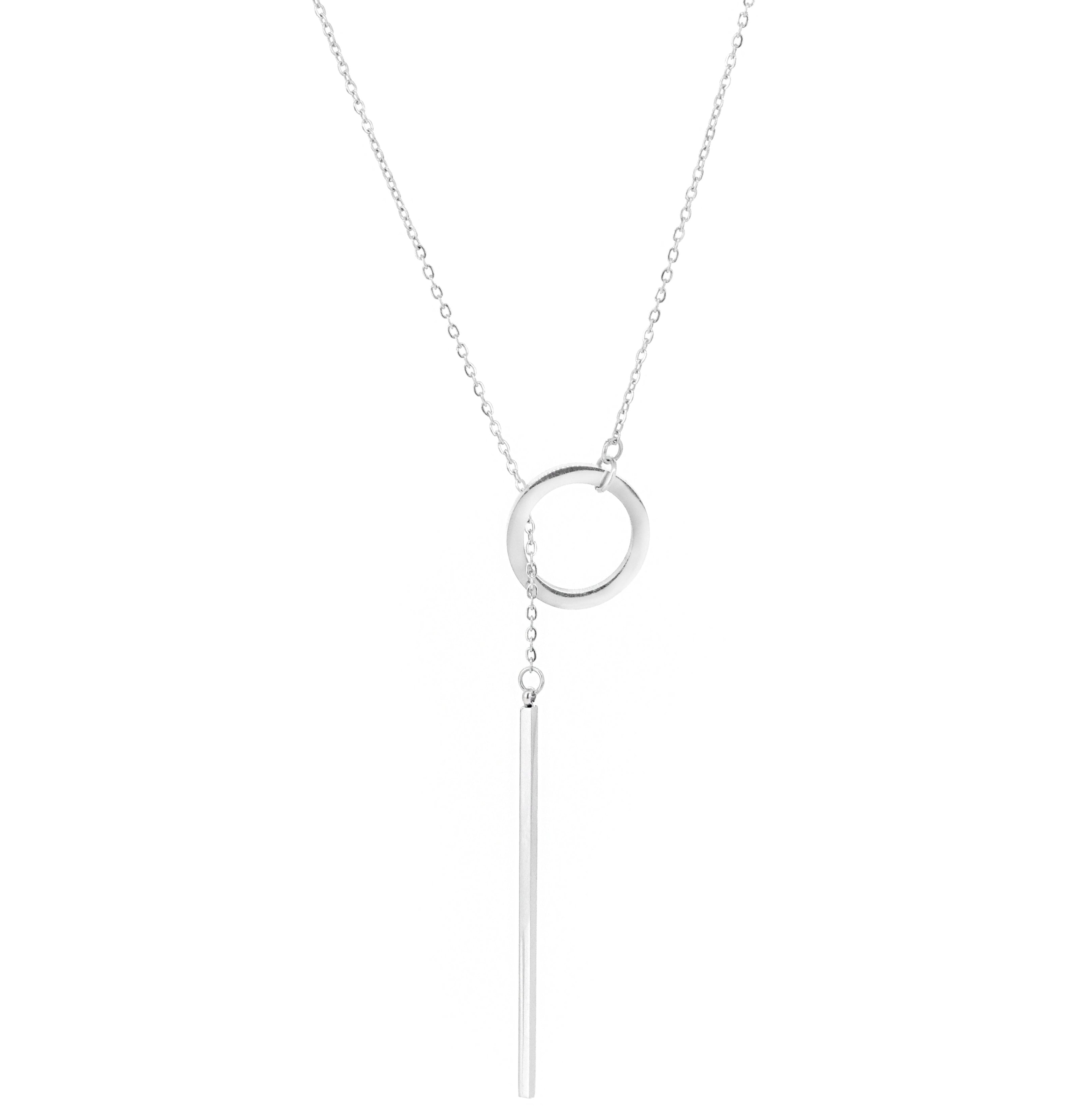 silver circle bar lariat necklace
