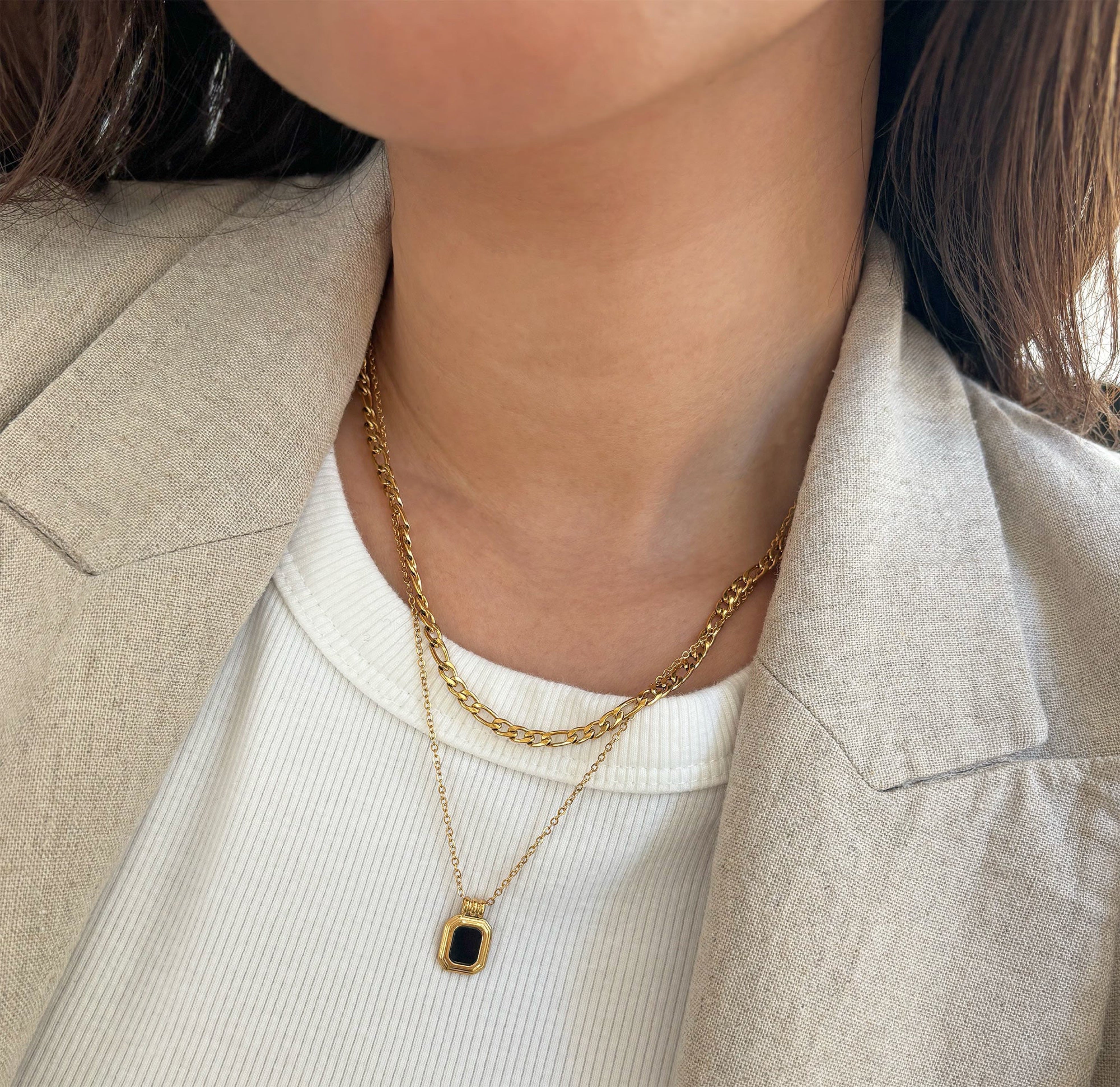 gold duo stack black pendant necklace water resistant jewelry