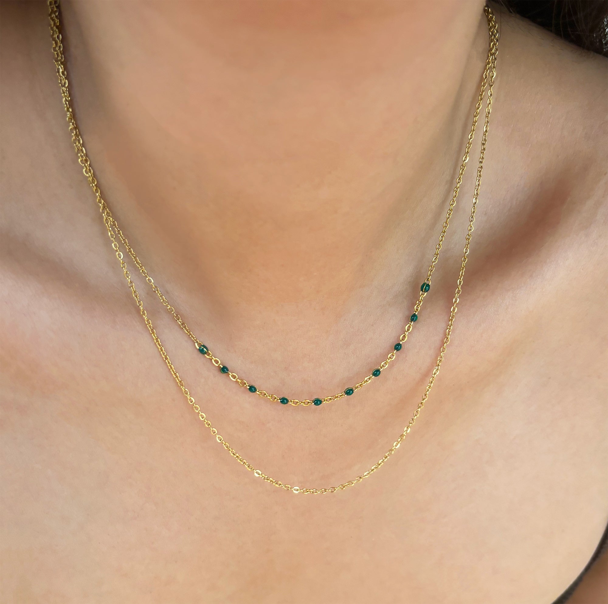 ROXI  DAINTY GOLD DUO GREEN BEADED NECKLACE