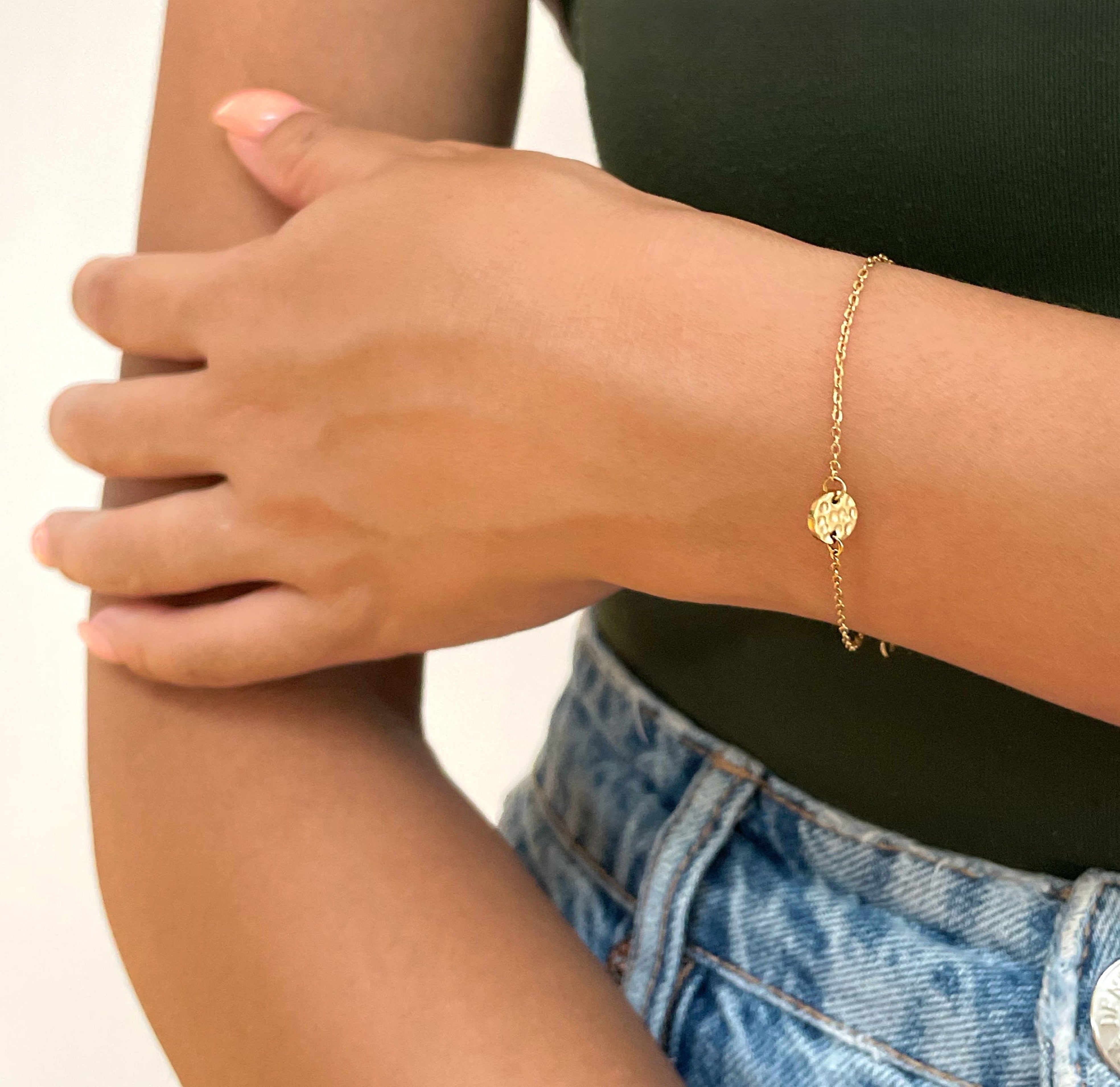 dainty gold disc bracelet tarnish free jewelry