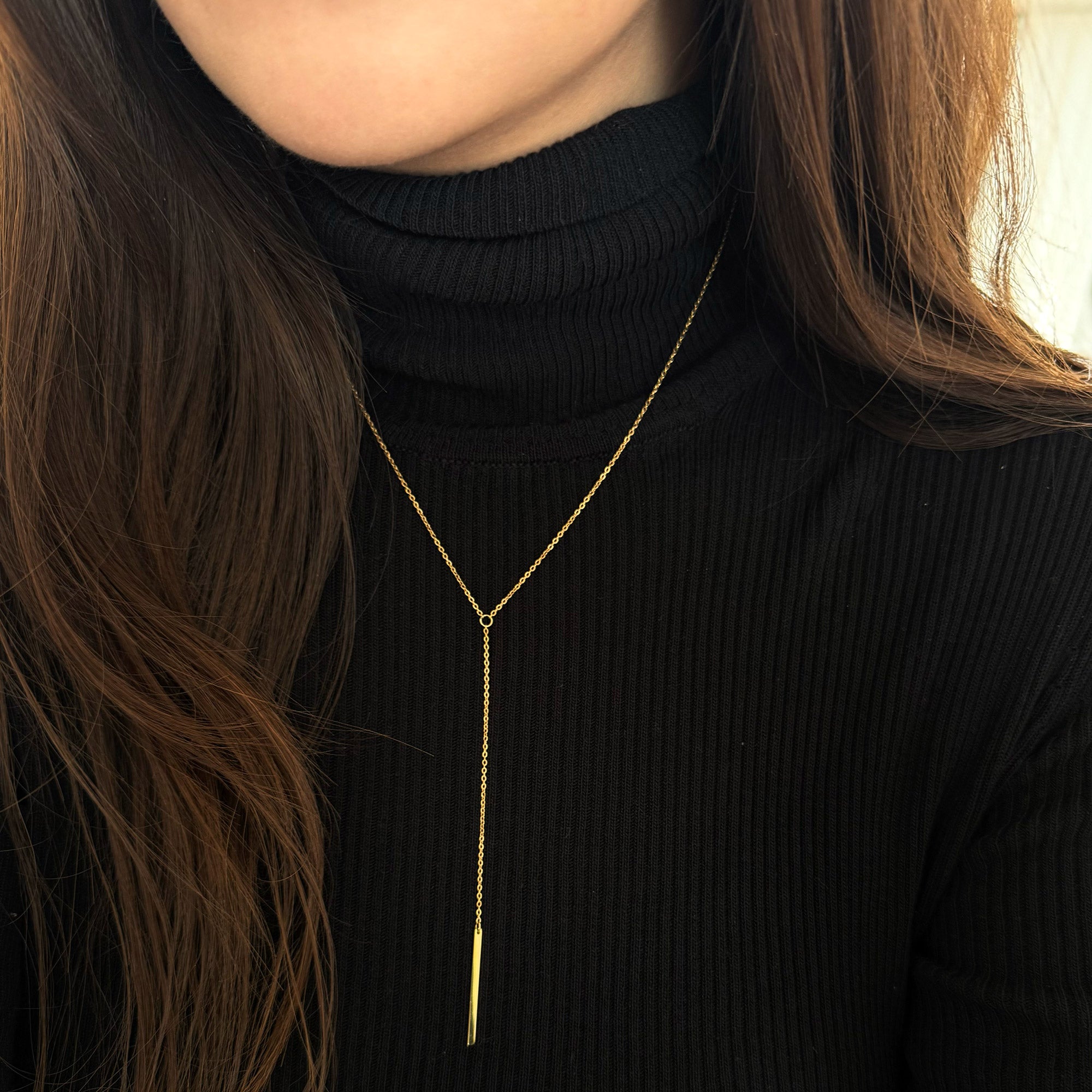 YVETTE GOLD Y LARIAT BAR CHAIN NECKLACE