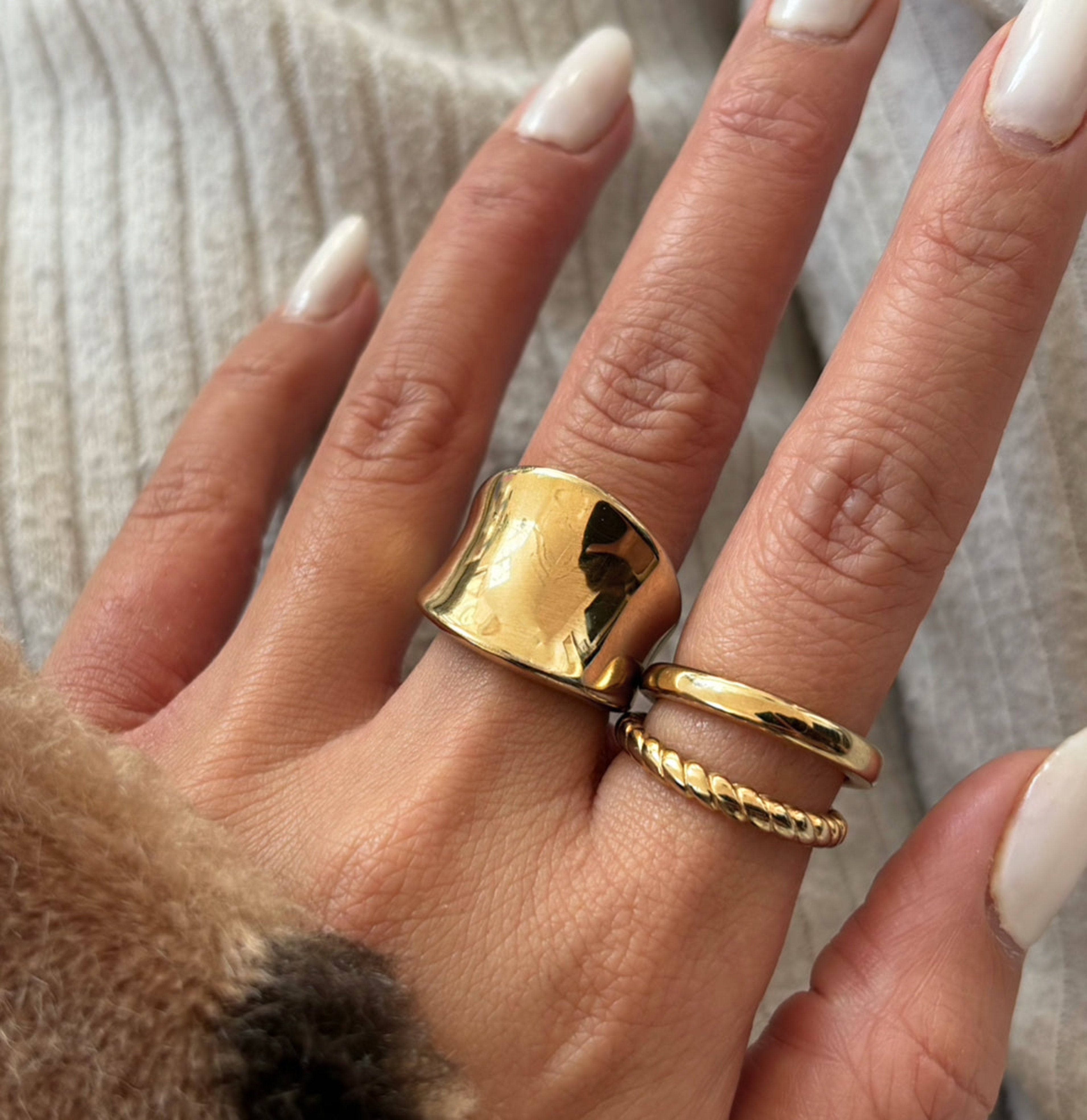 gold chunky saddle ring stack waterproof jewelry