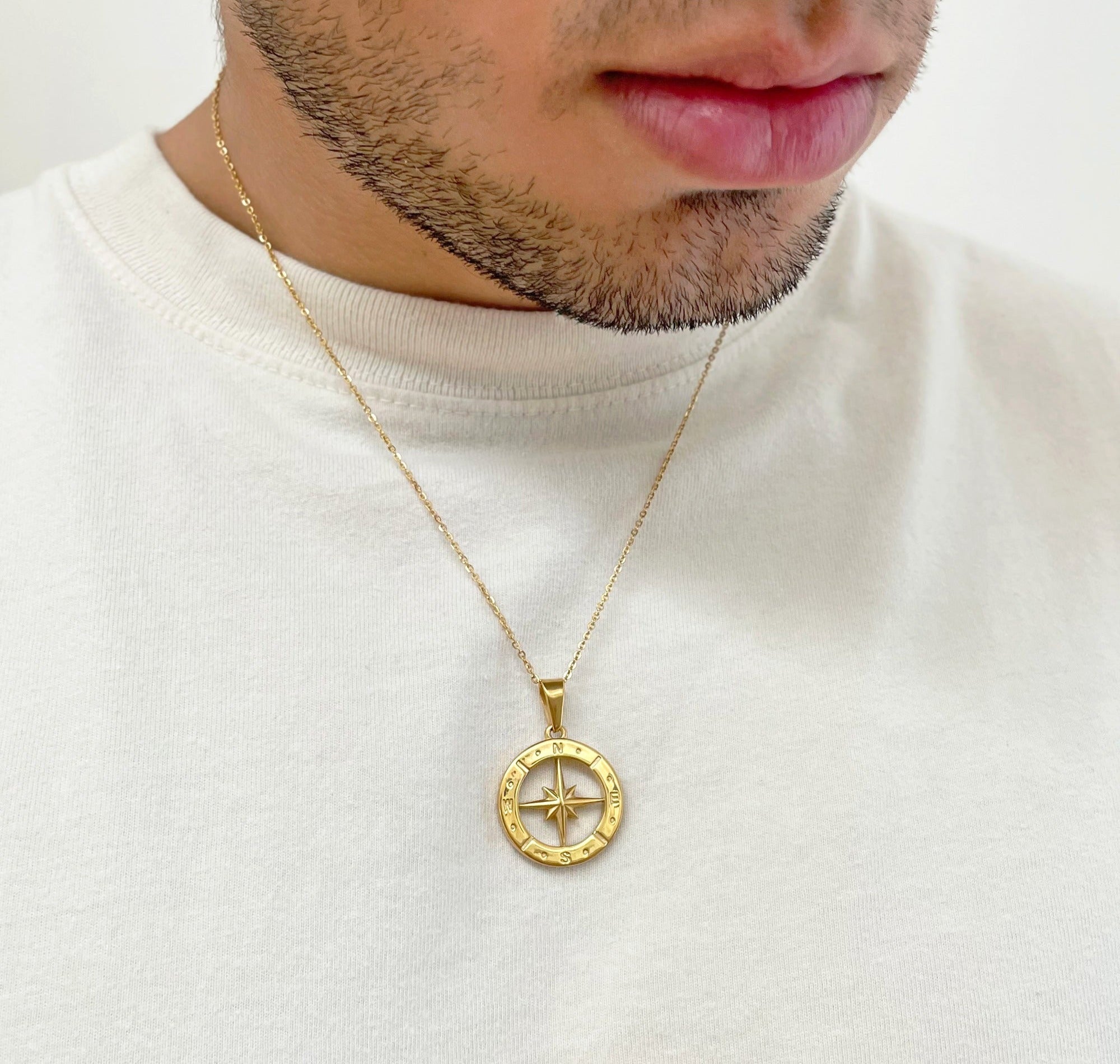 gold compass pendant necklace mens waterproof jewelry