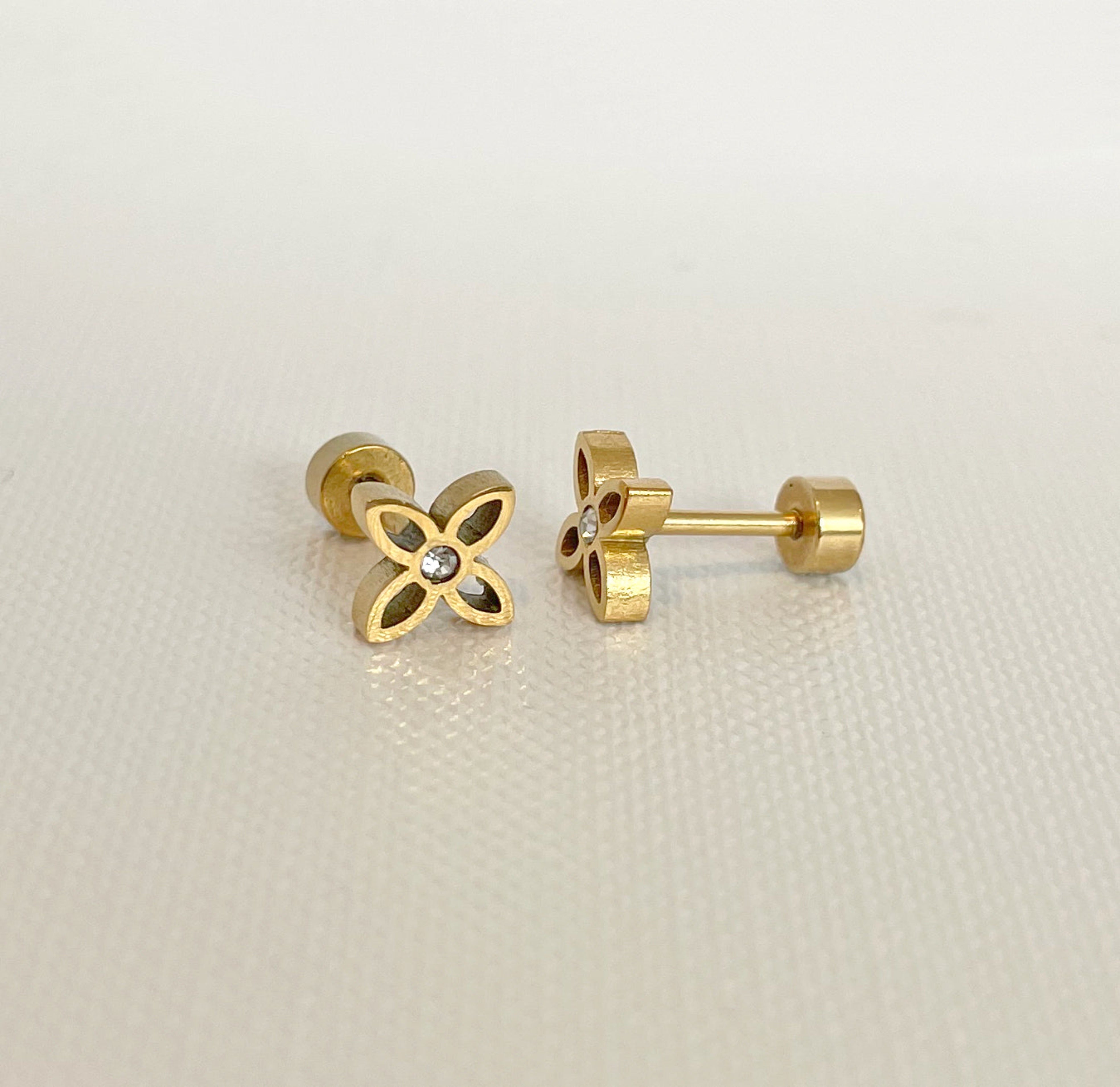 dainty gold flower earrings screw back waterproof jewelry
