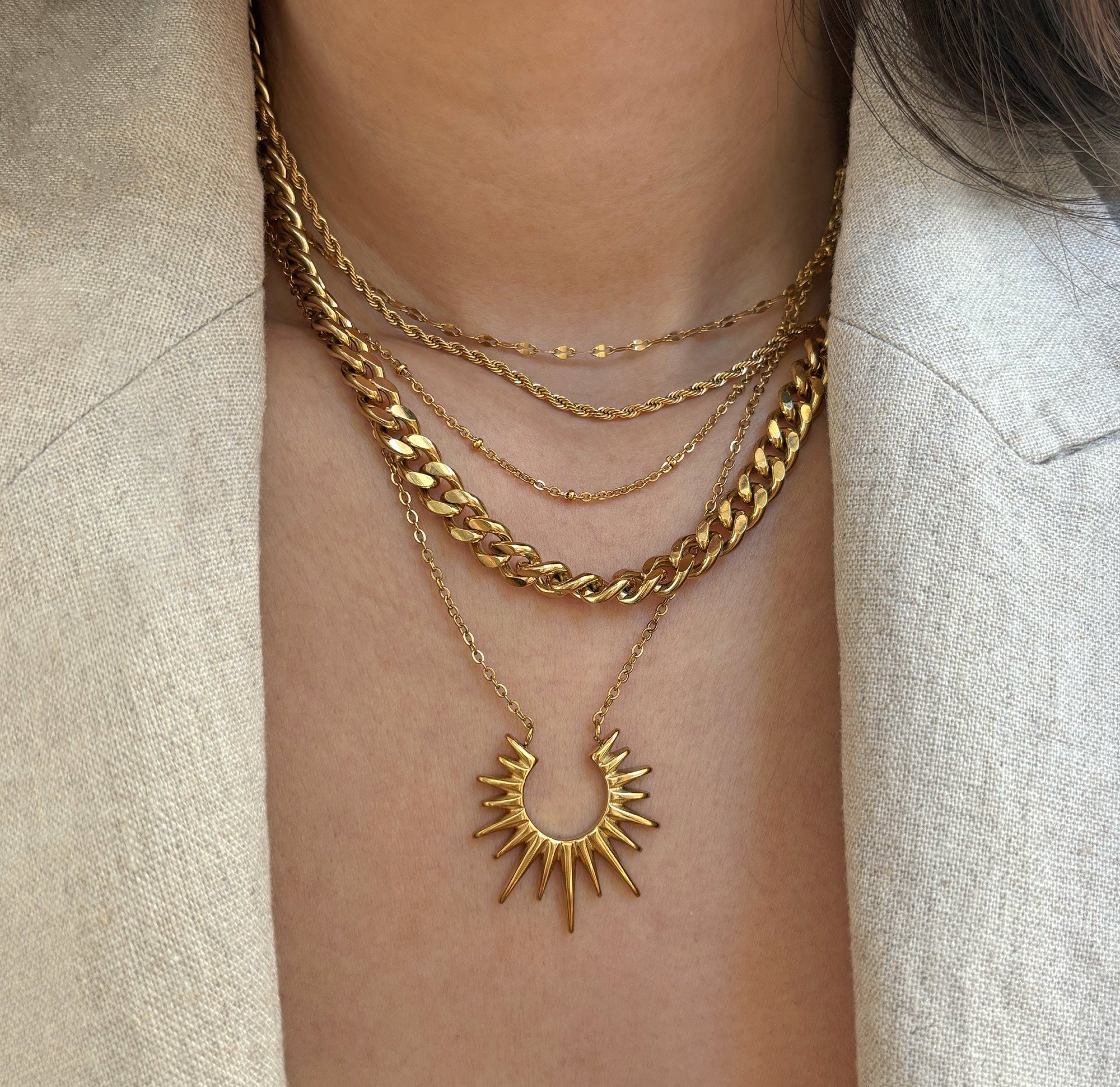 gold sun pendant necklace stack waterproof jewelry