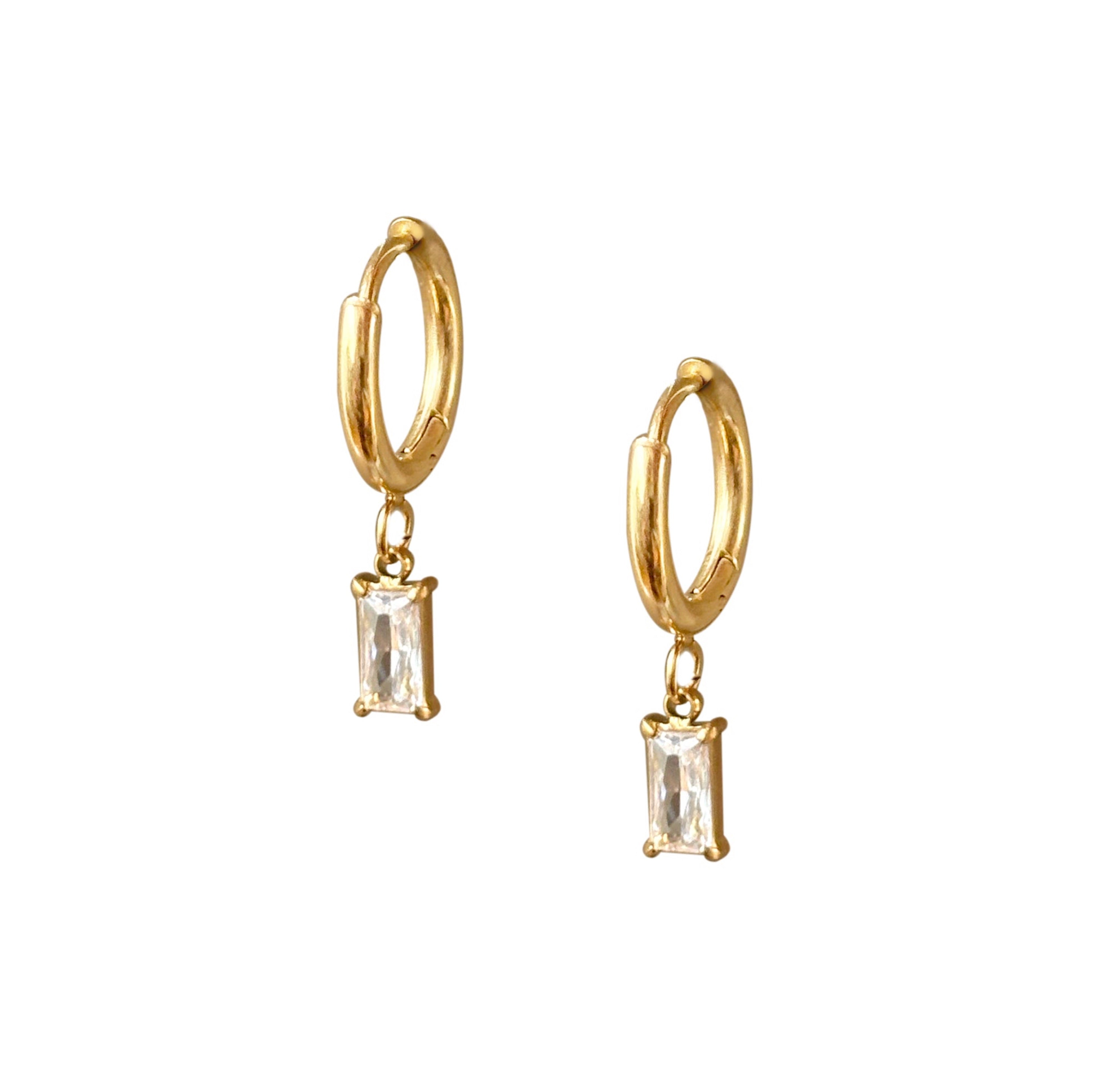 white rectangle stone huggie hoop earrings