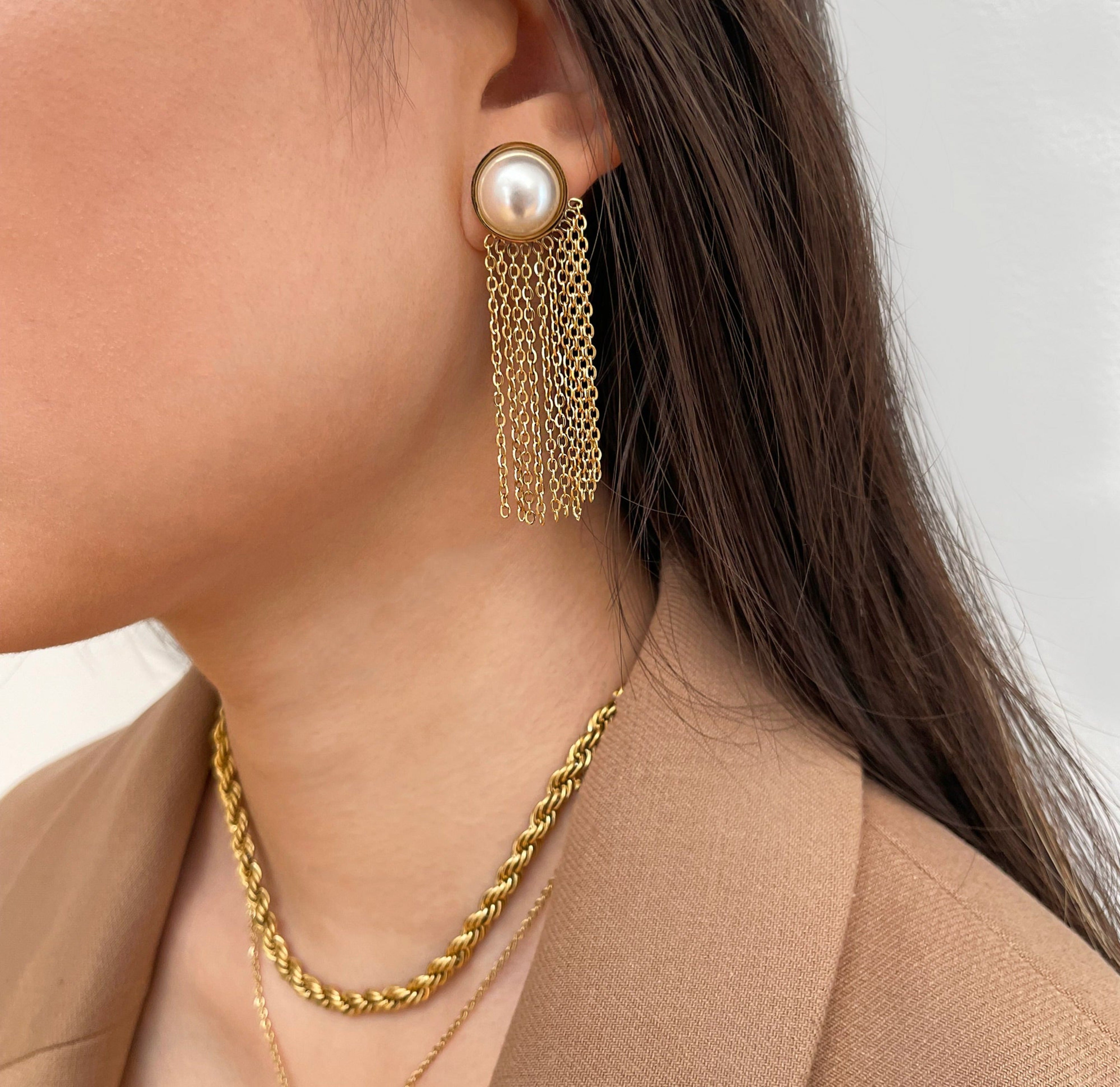LOLITA GOLD PEARL TASSEL CHAIN EARRINGS SAMPLE