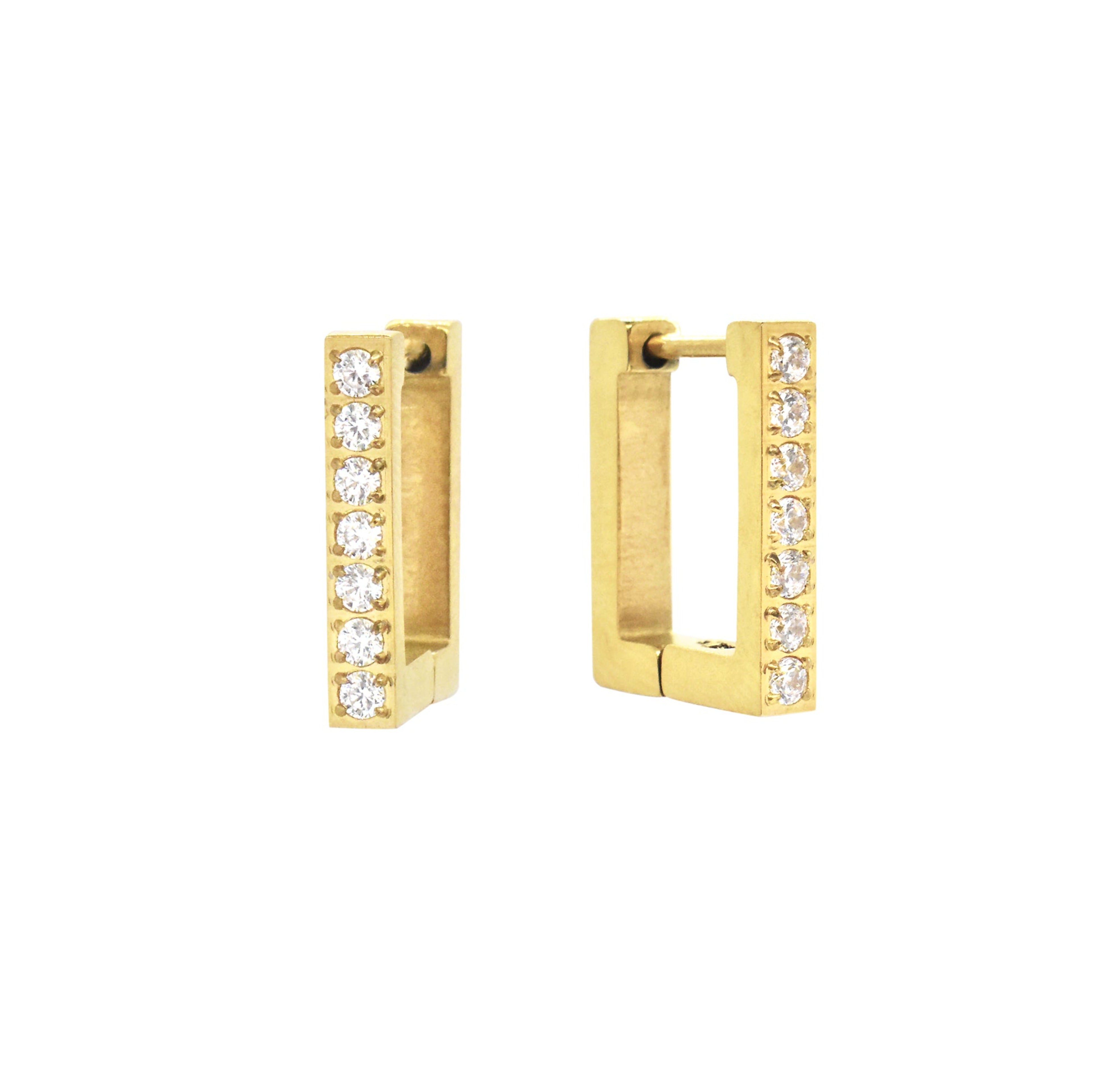 GOLD SQUARE PAVE HUGGIE EARRINGS WATERPROOF JEWELRY