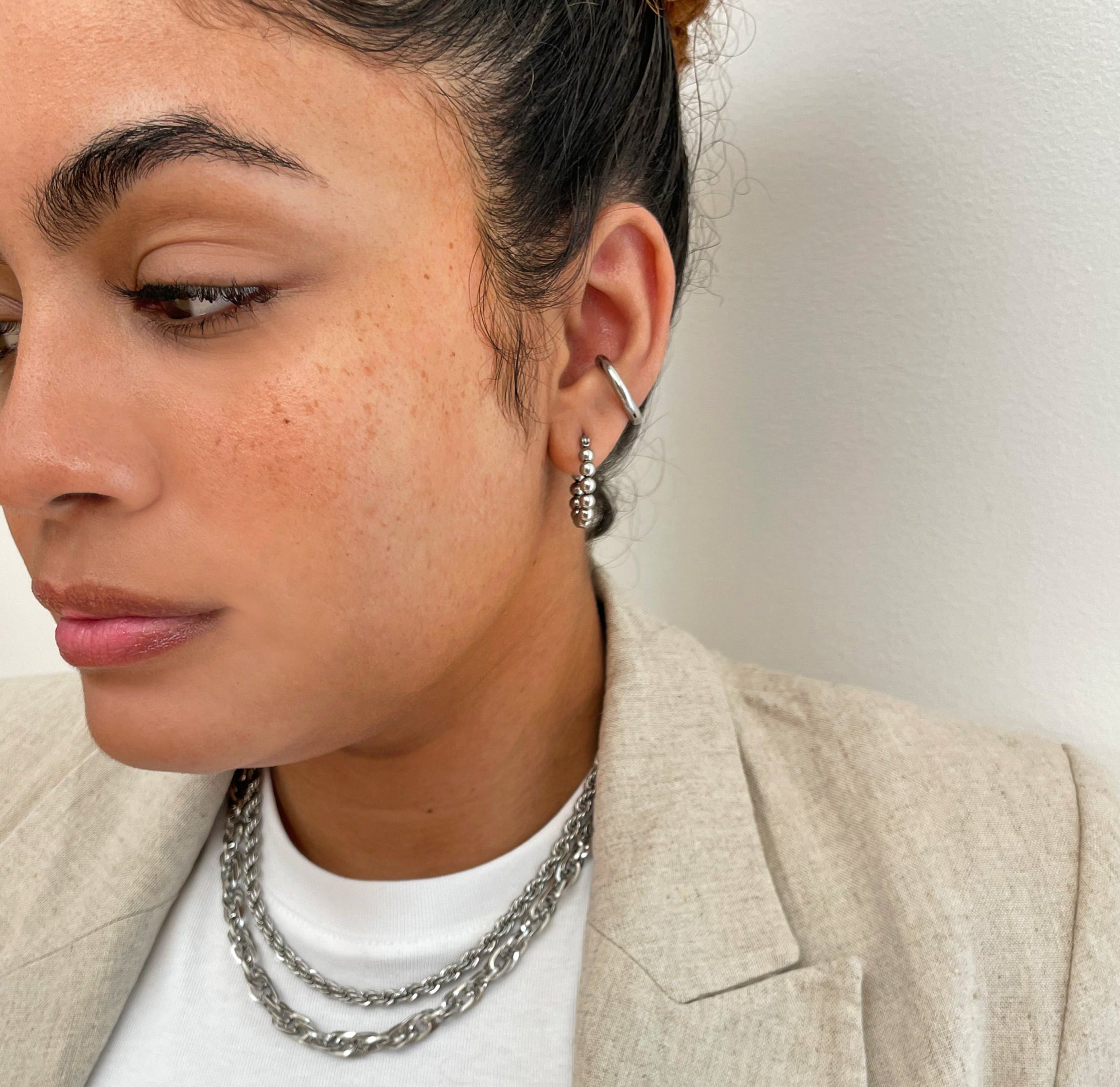 silver beaded hoop earrings waterproof jewelry