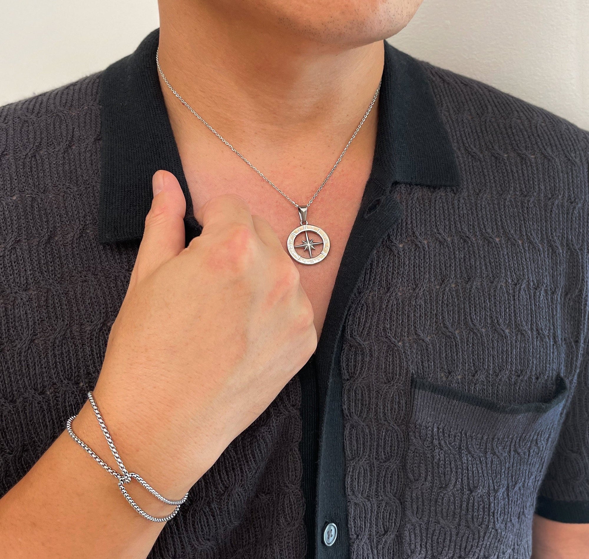 silver compass pendant necklace mens waterproof jewelry