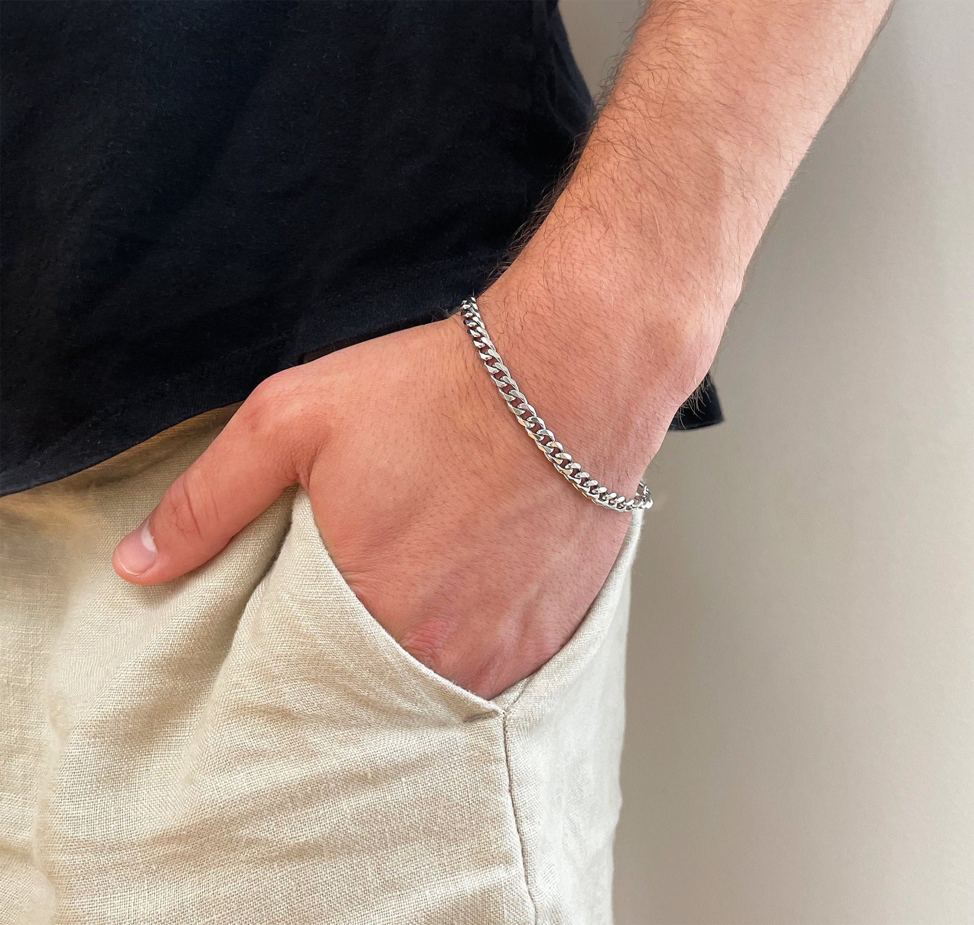 MEDIUM SILVER CURB CHAIN BRACELET MENS WATERPROOF JEWELRY