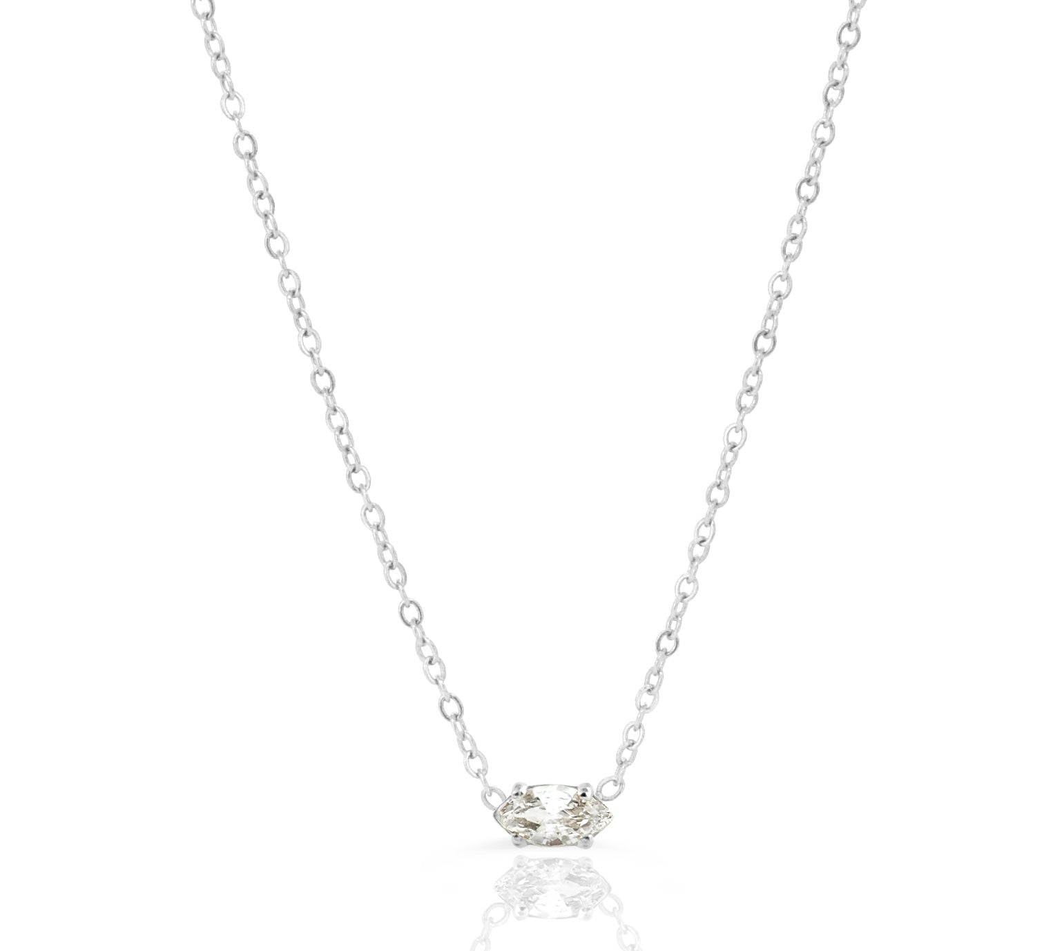 Silver necklace with a small marquis pendant on a white background waterproof jewelry