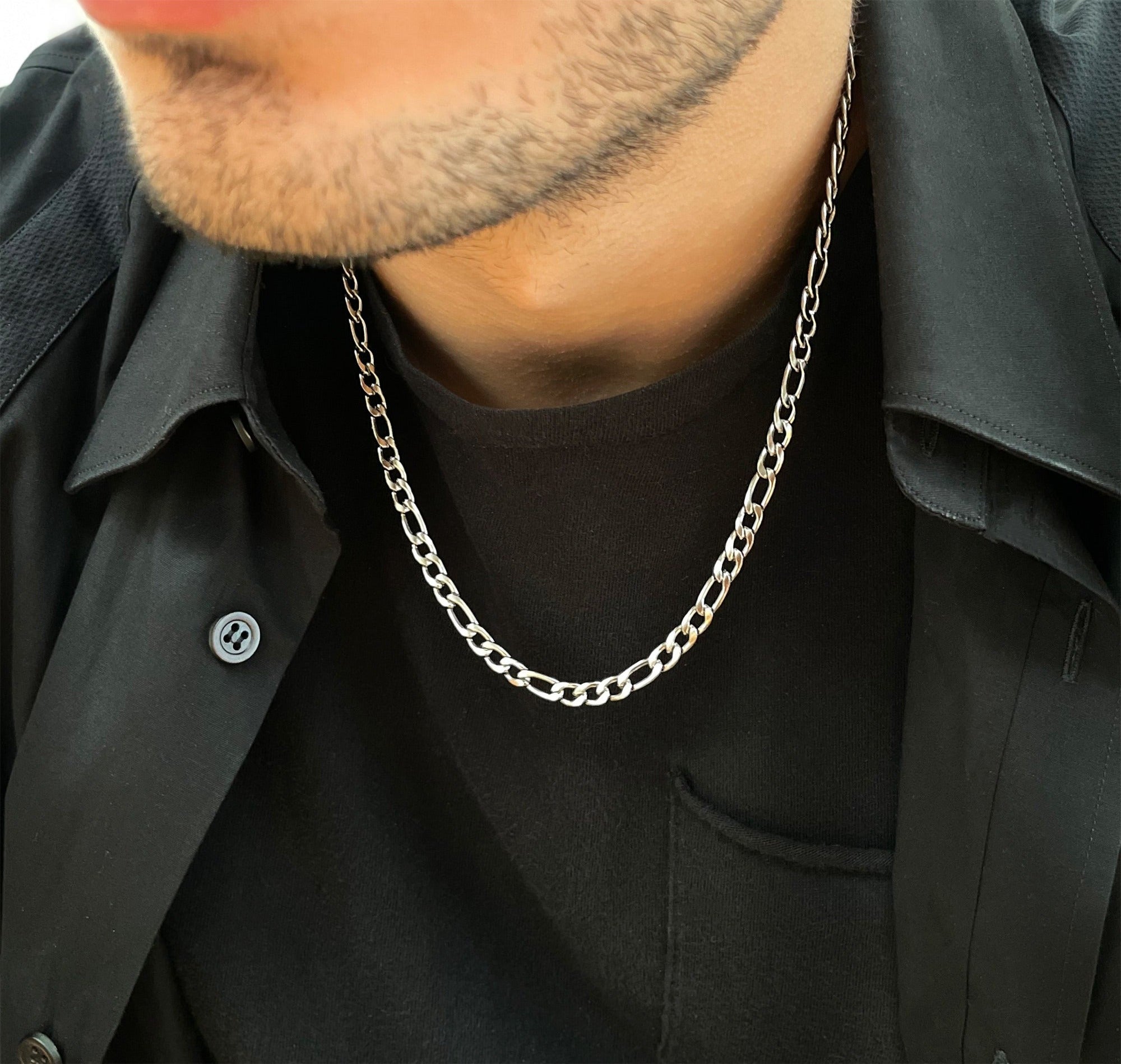 silver figaro chain necklace mens waterproof jewelry