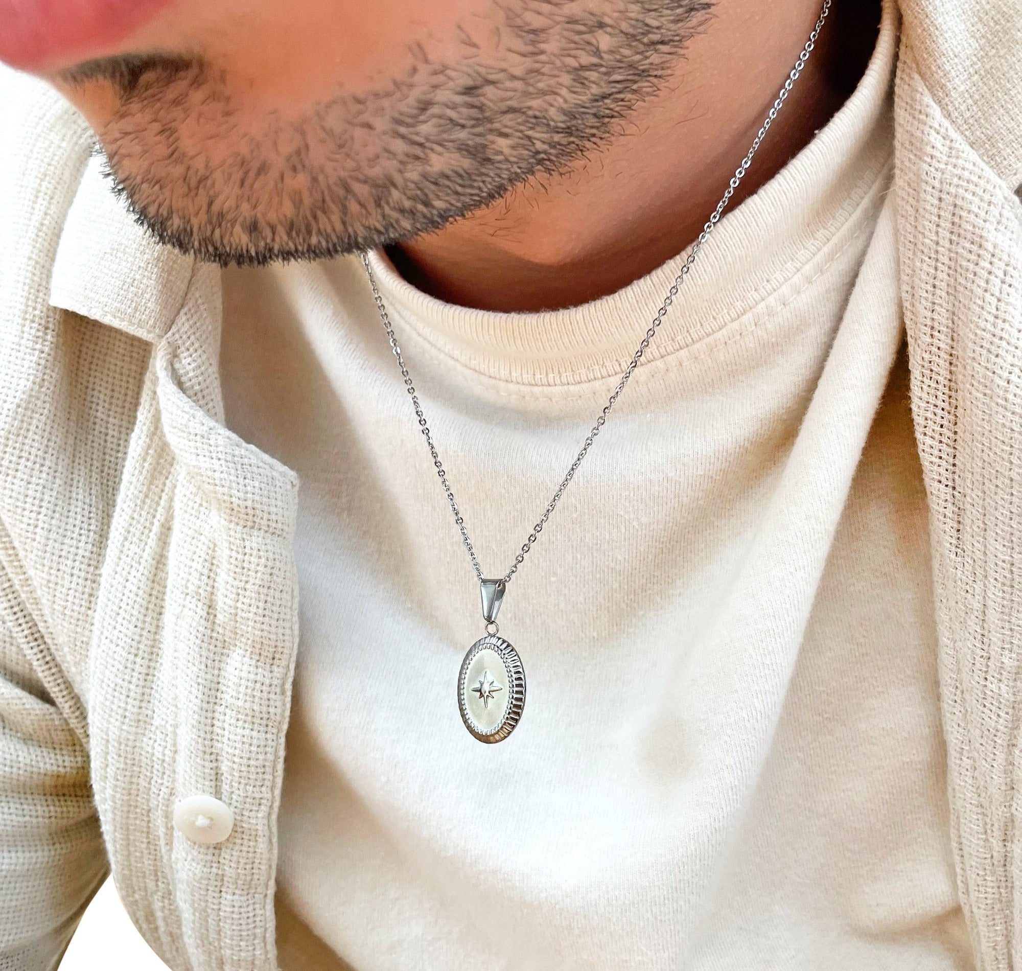 silver starburst pendant necklace mens waterproof jewelry