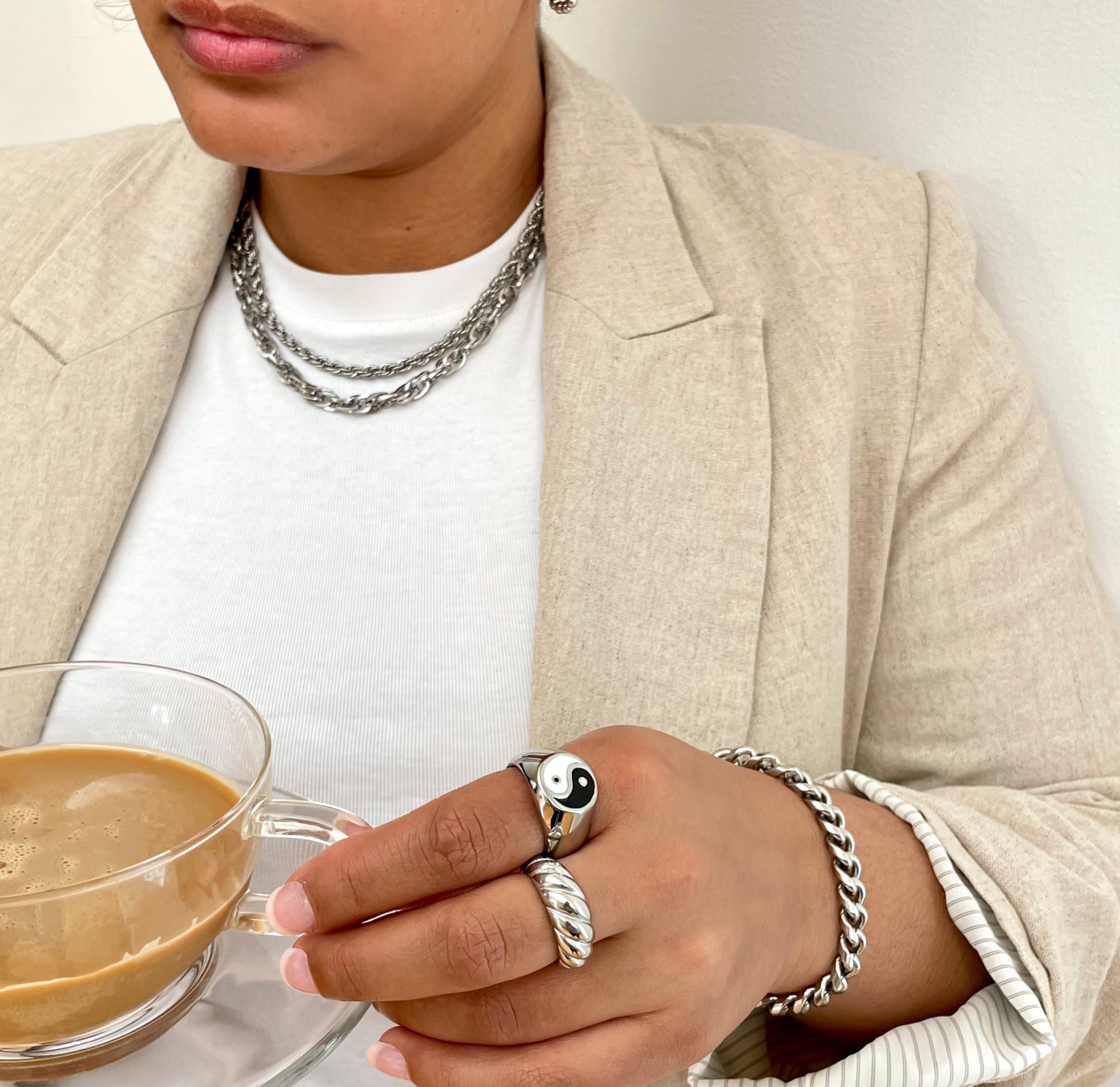Silver gold signet yin yang ring paired with Margaux silver croissant ring waterproof