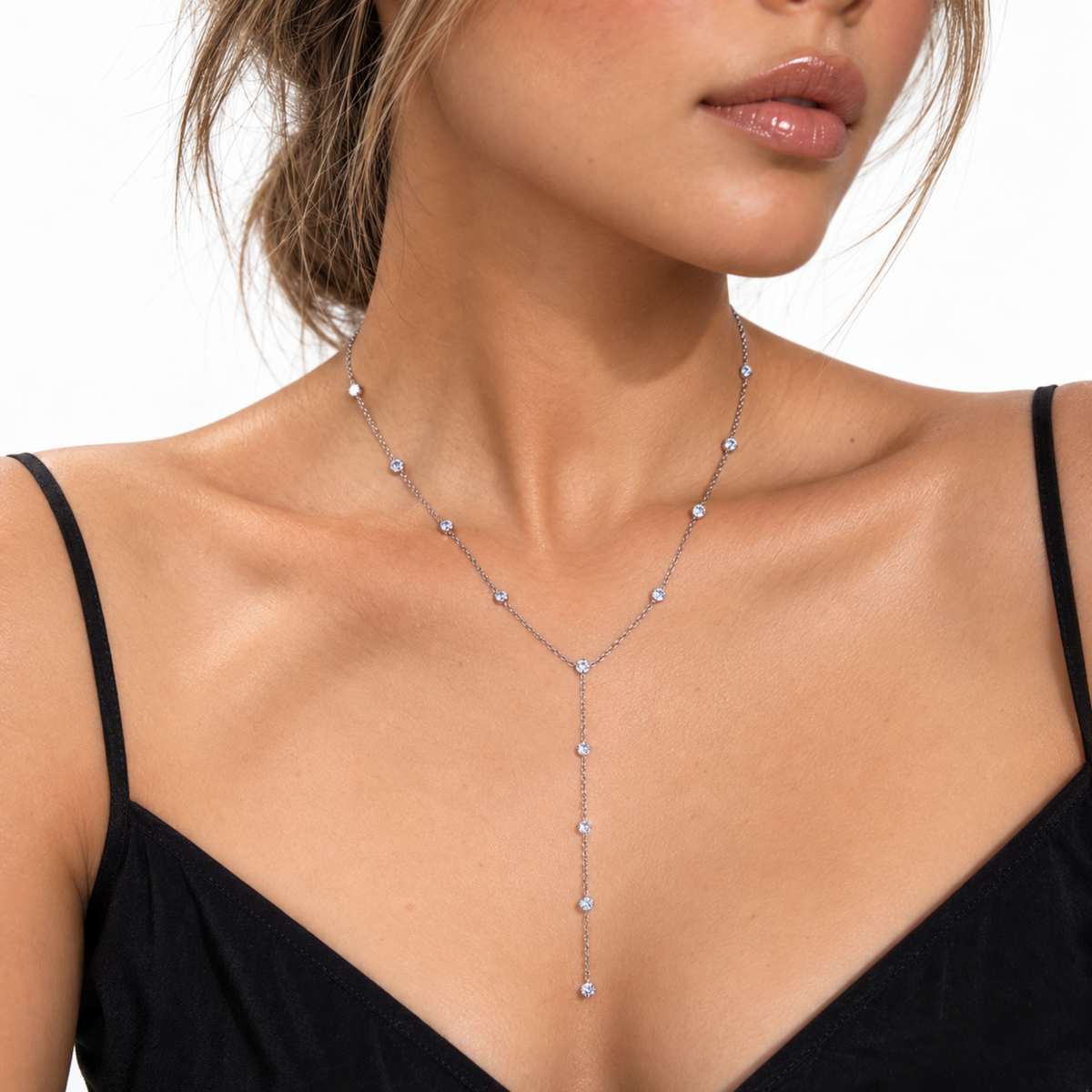 silver_diamond_station_lariet_necklace on model