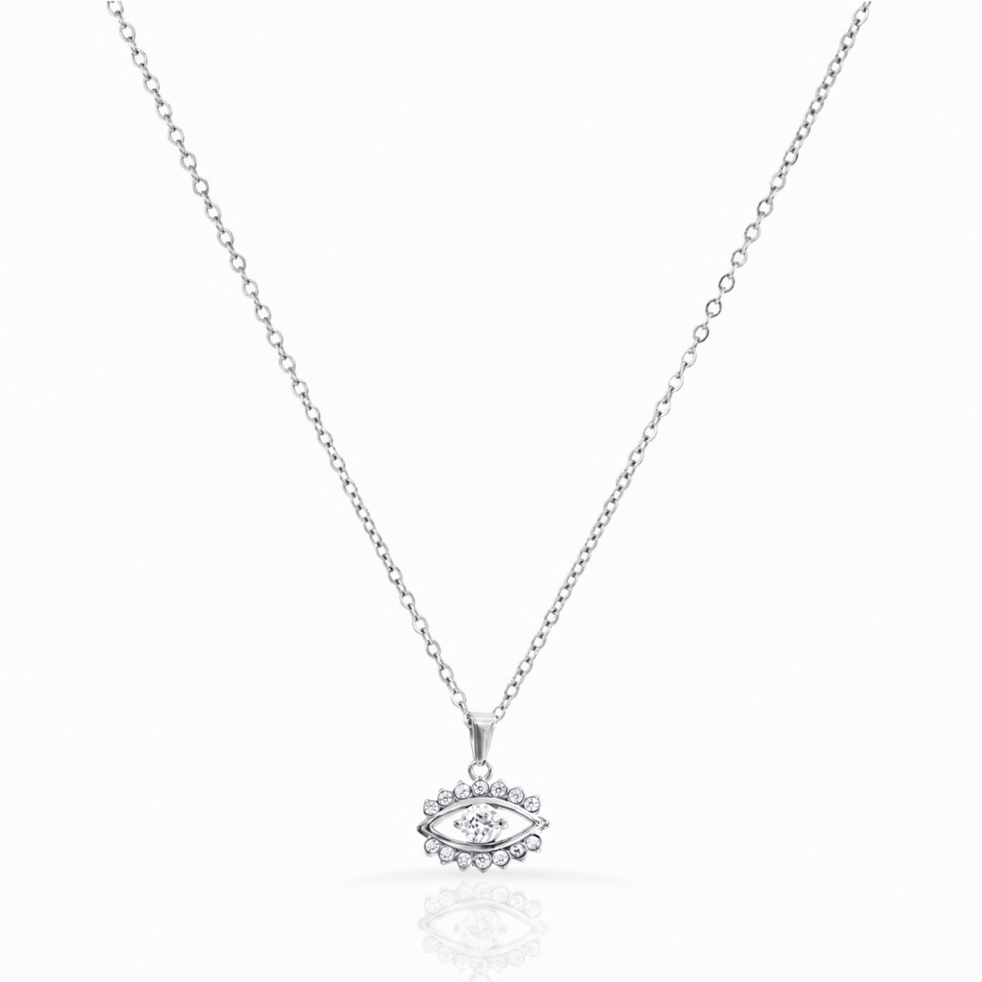 Silver necklace with an eye-shaped pendant on a white background