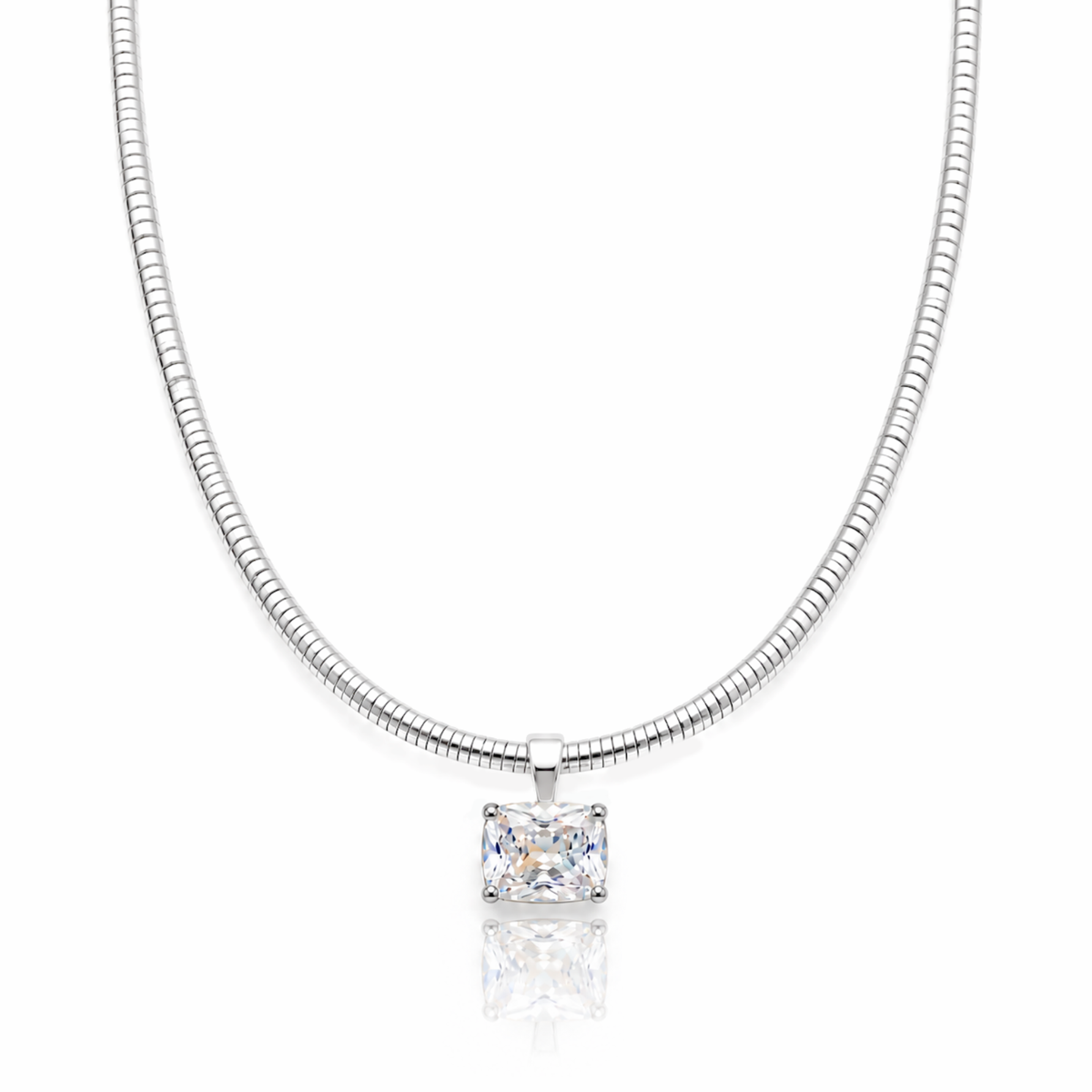 A silver snake chain necklace with a princess-cut clear gemstone pendant, displayed on a clean white background with a soft reflection below.