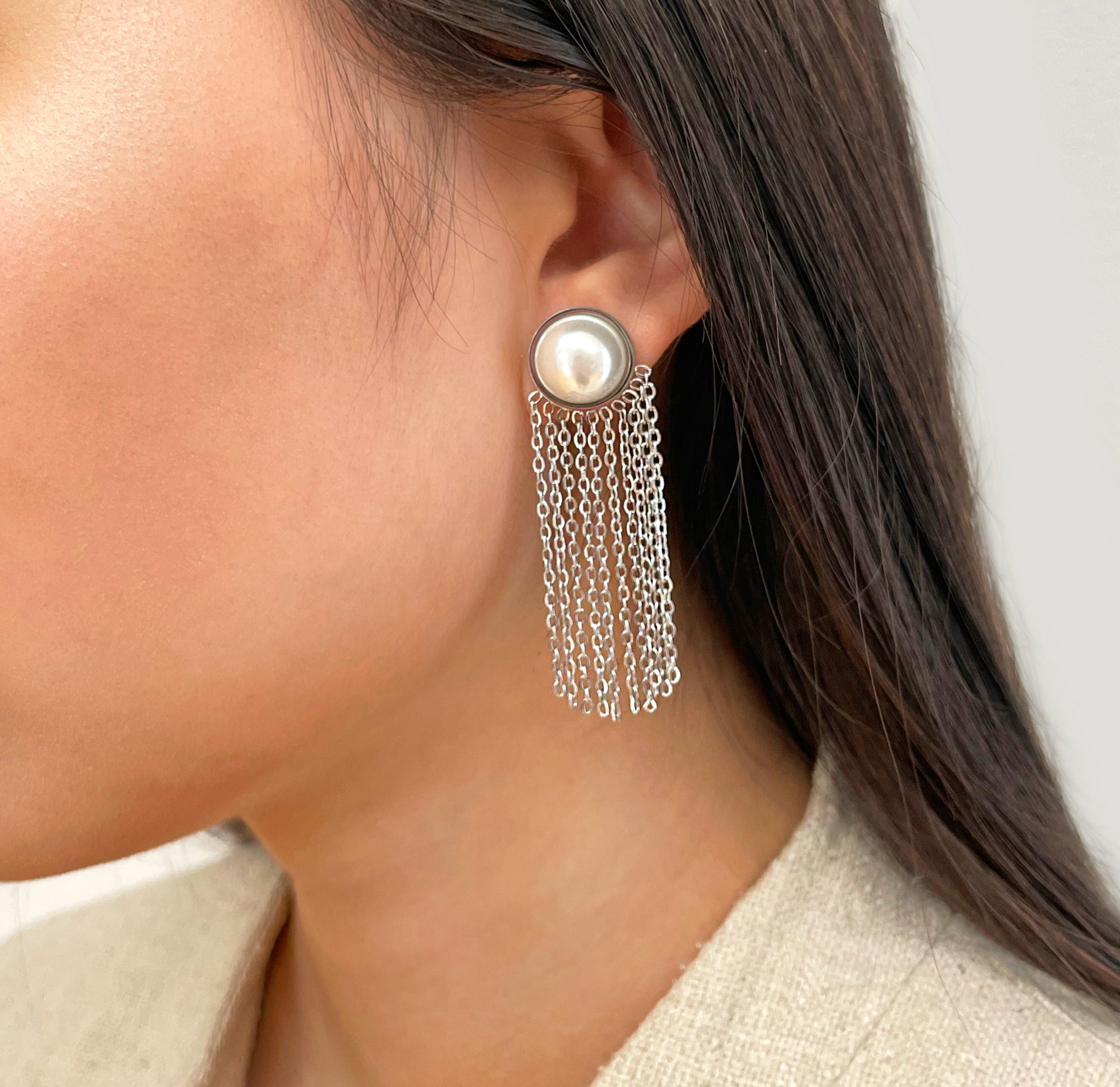LOLITA SILVER PEARL TASSEL CHAIN EARRINGS SAMPLE