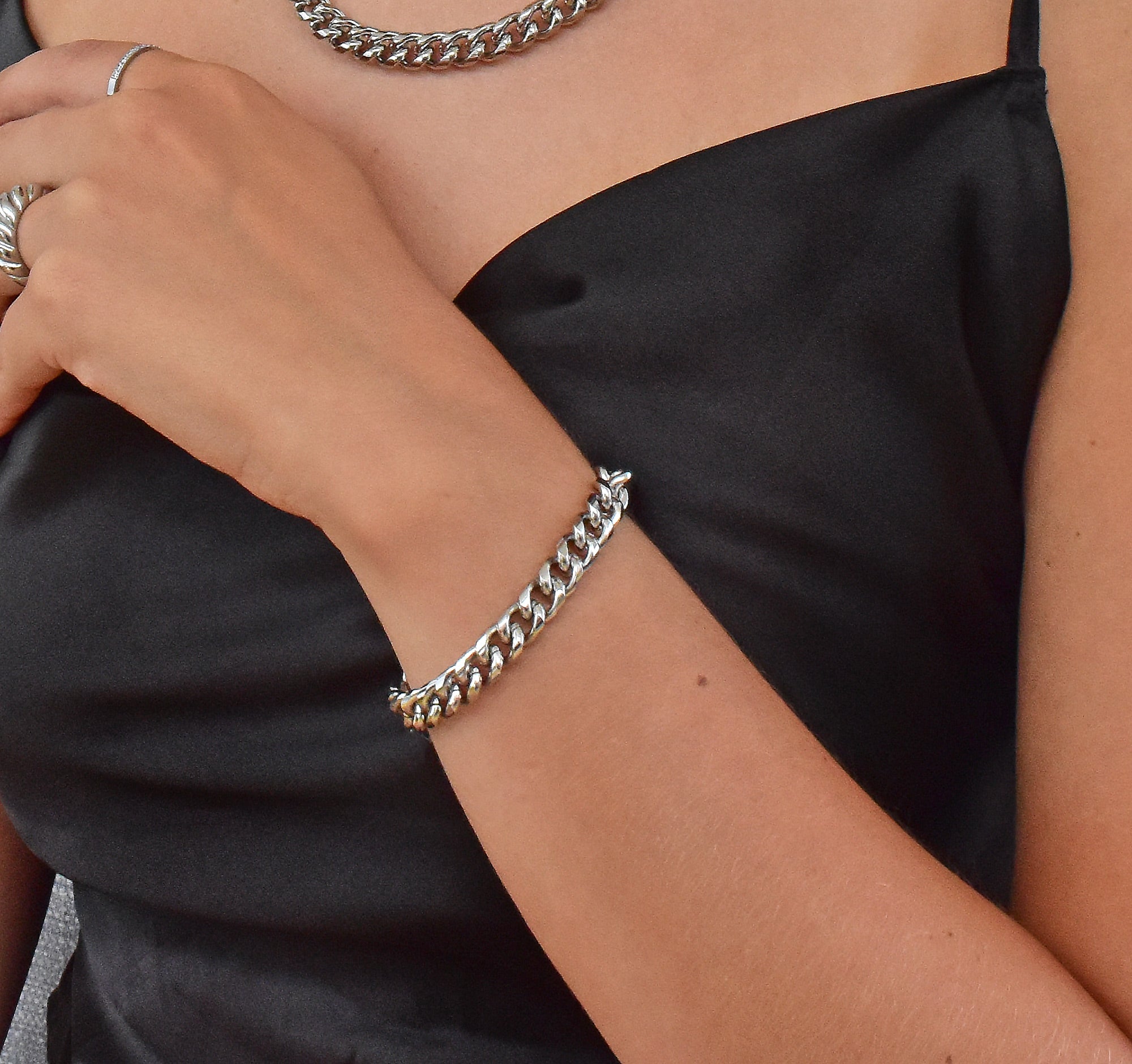 thick silver adjustable cuban bracelet waterproof jewelry