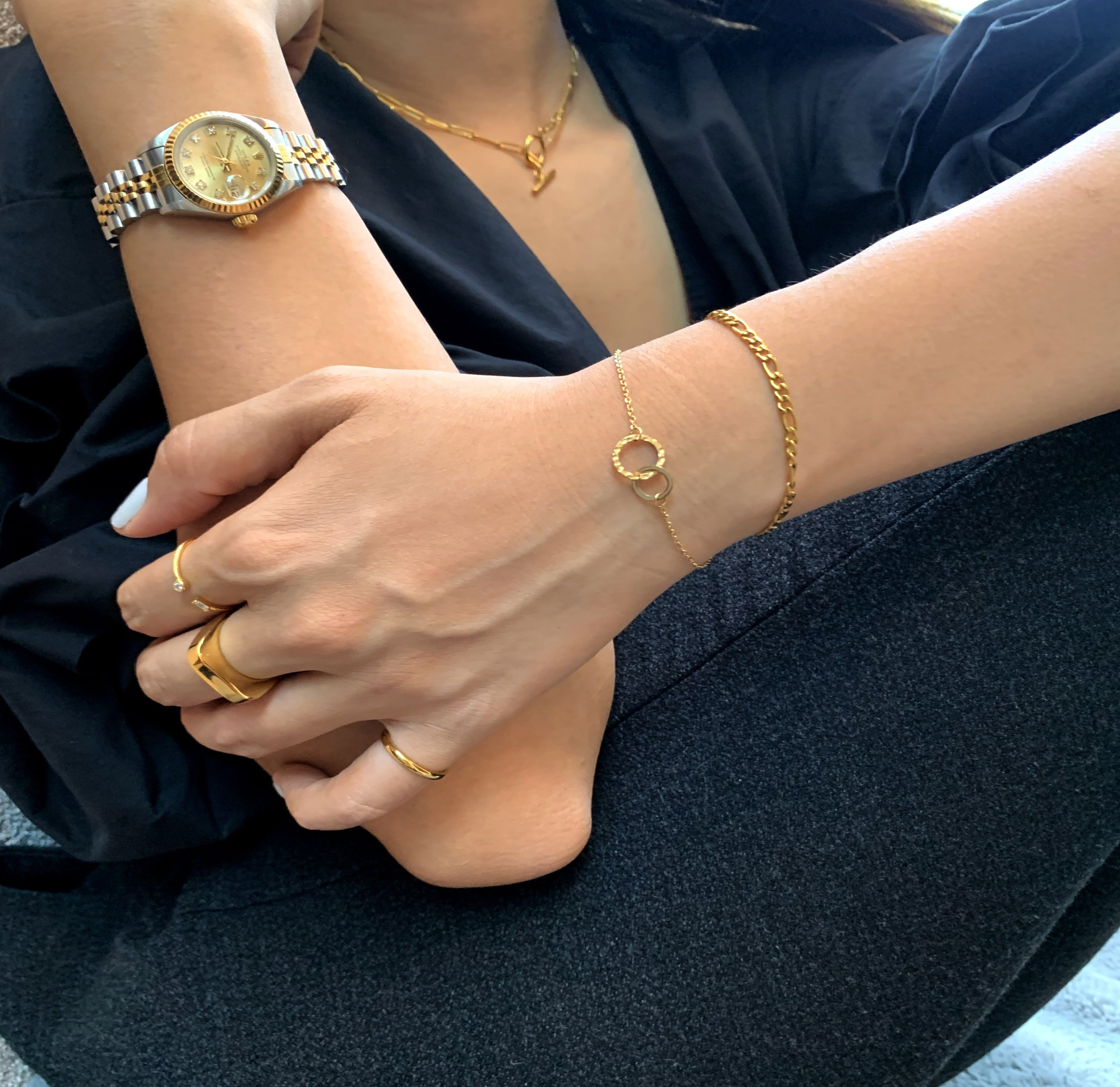 dainty gold unity link bracelet waterproof jewelry tarnish free worn on model