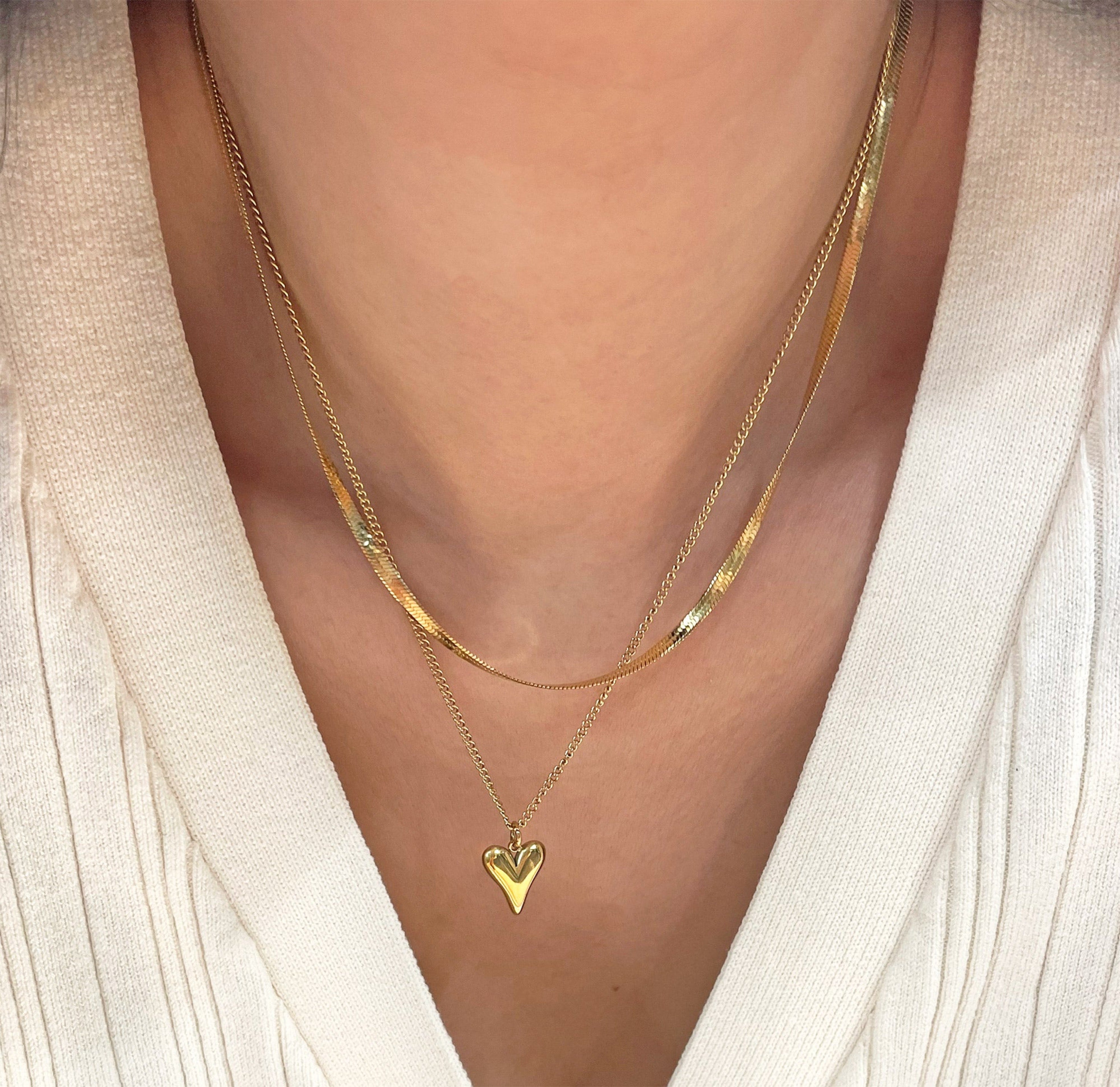 gold heart pendant stack necklace waterproof jewelry