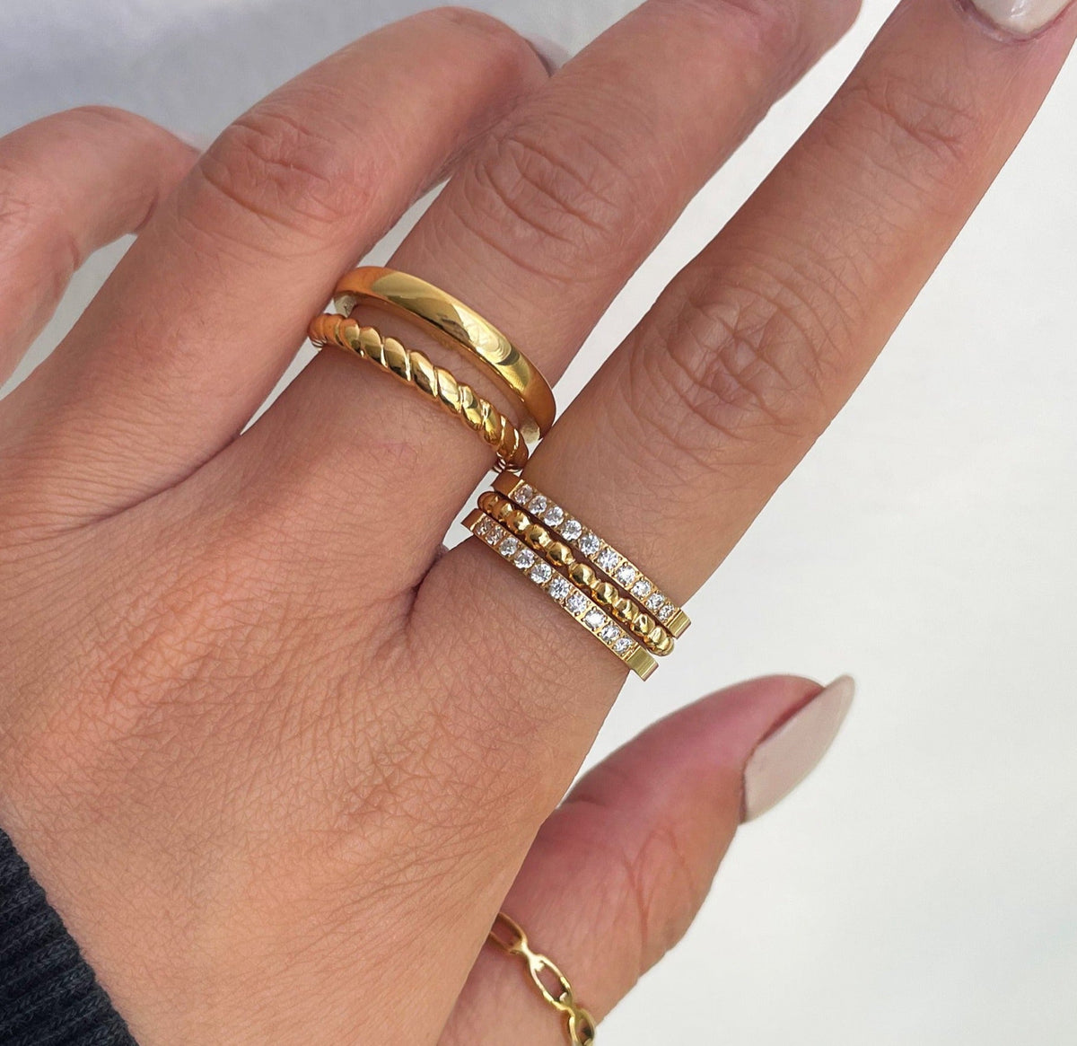 Jaina thin gold beaded ring paired double stacked with Stella gold hand eternity ring, Waterproof jewelry