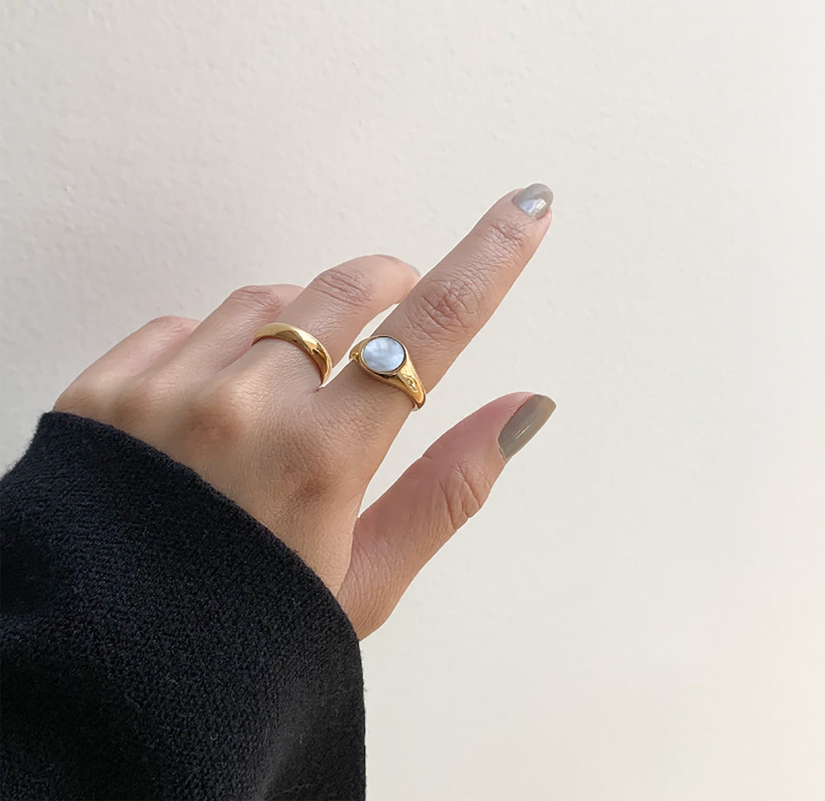 Gold Carson ring, classic medium ring band with high polish finish and comfort fit paired with Gold Demi round pearl signet ring. Waterproof Jewelry