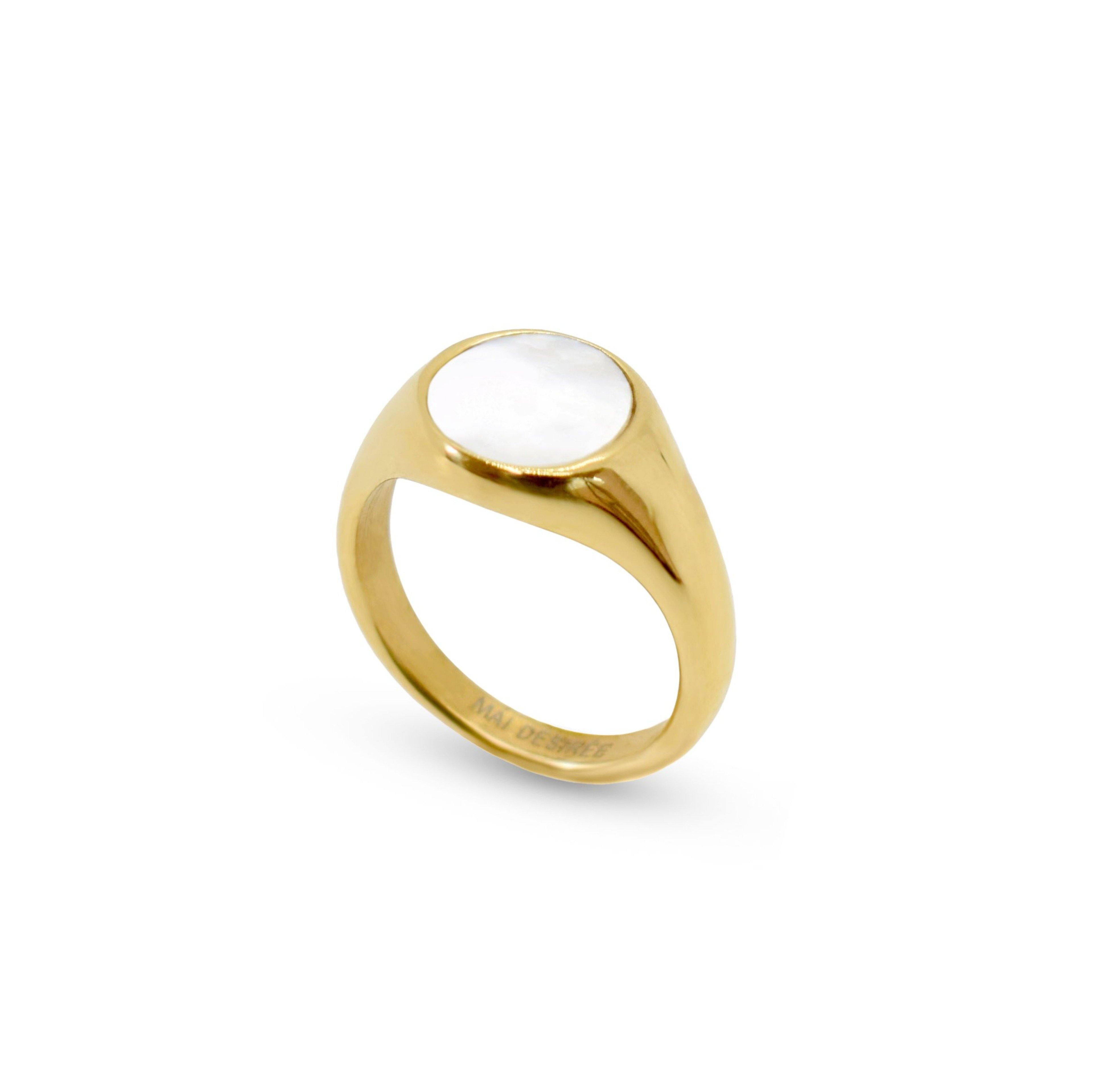 Demi gold round pearl signet ring, waterproof jewelry