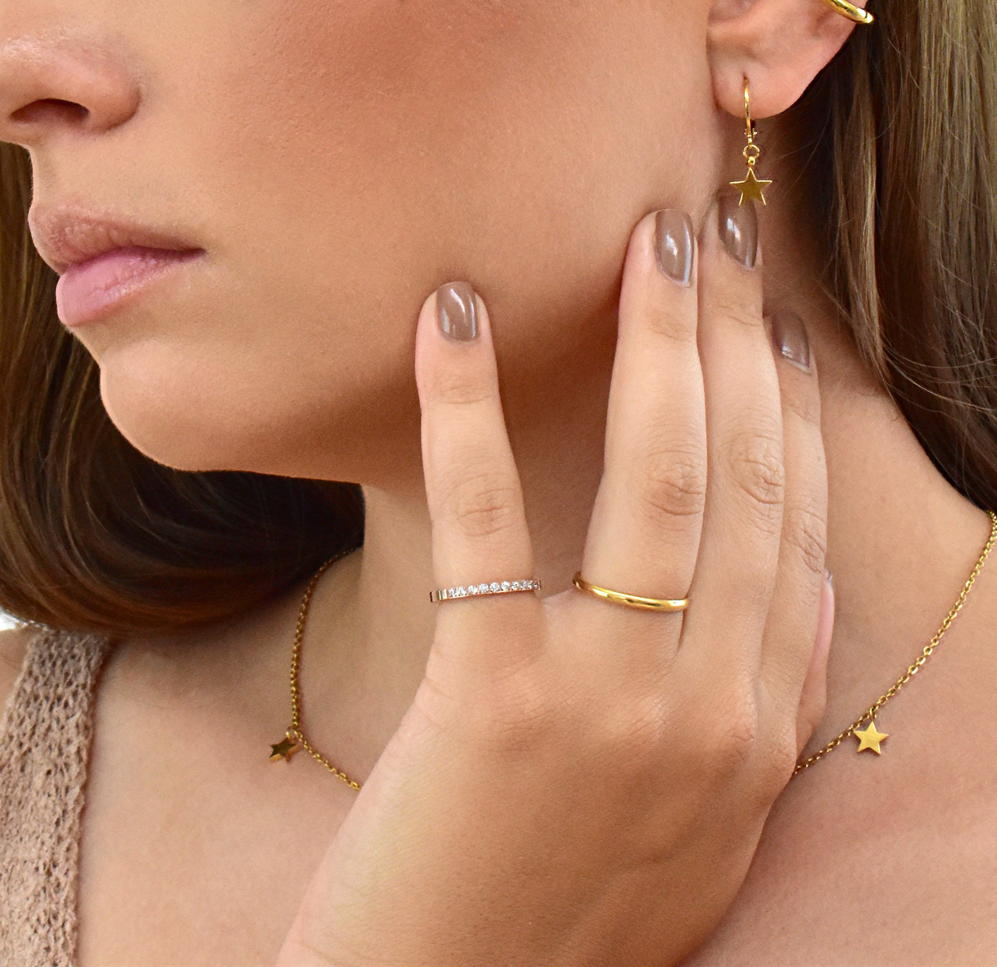 Stella rose gold half eternity ring band  paired with Didi gold ring band, gold waterproof jewelry