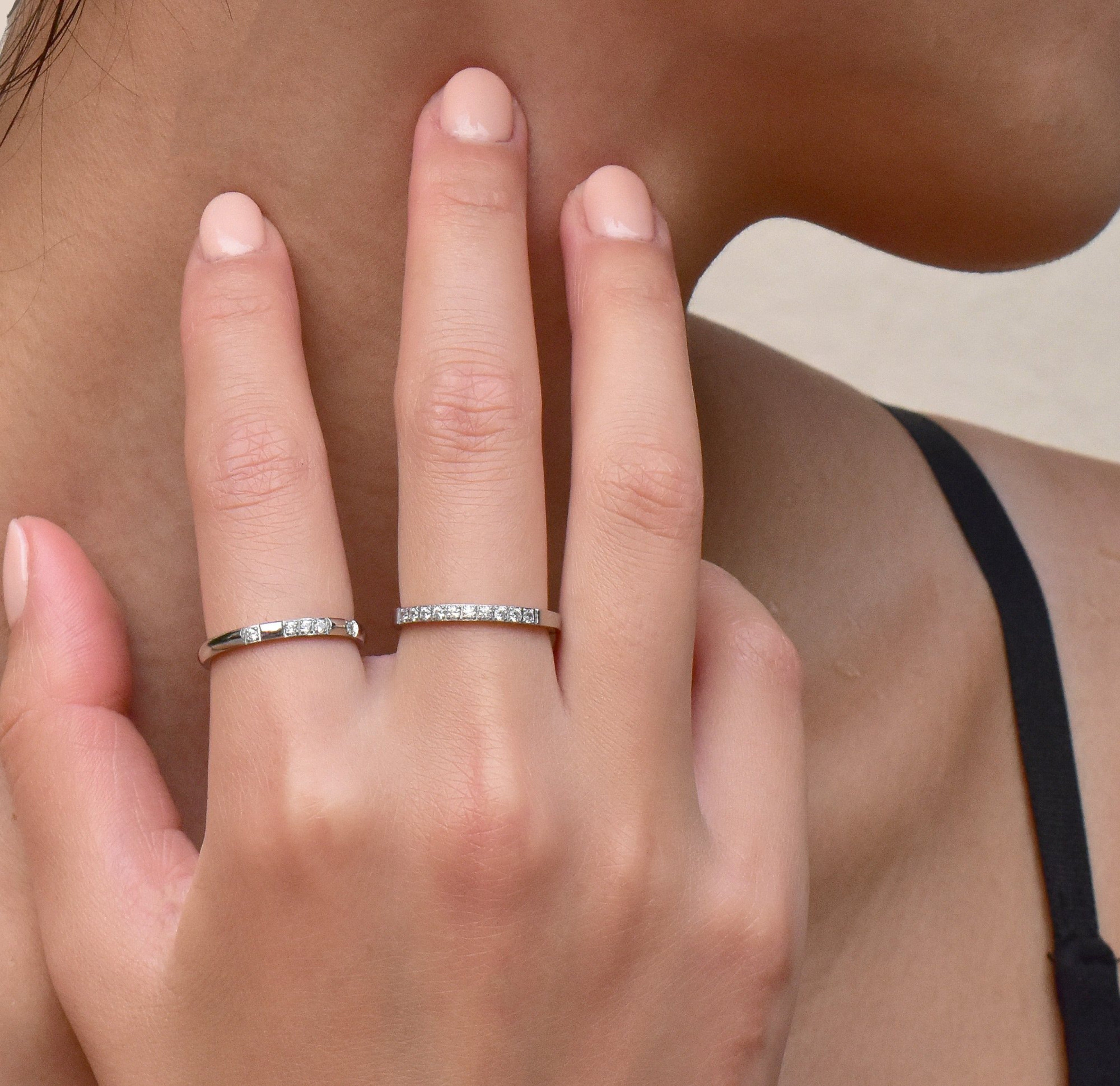 silver eternity ring waterproofVeda thin silver pave ring band paired with Stella half eternity ring. Silver waterproof jewelry
