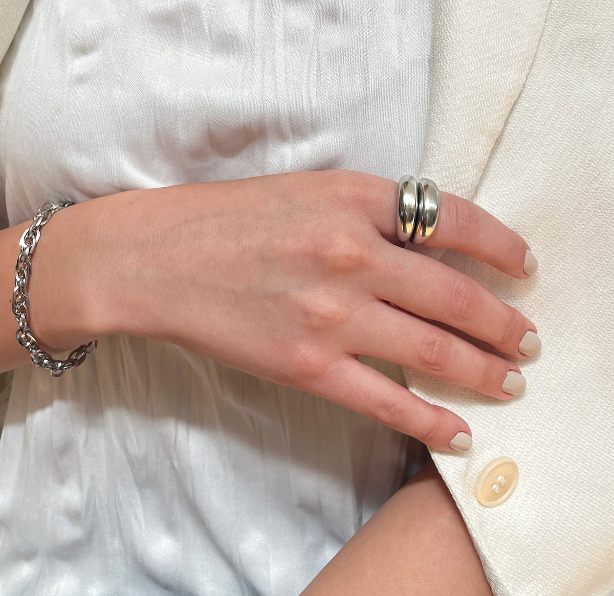 two silver capri dome ring worn stacked together jewelry waterproof
