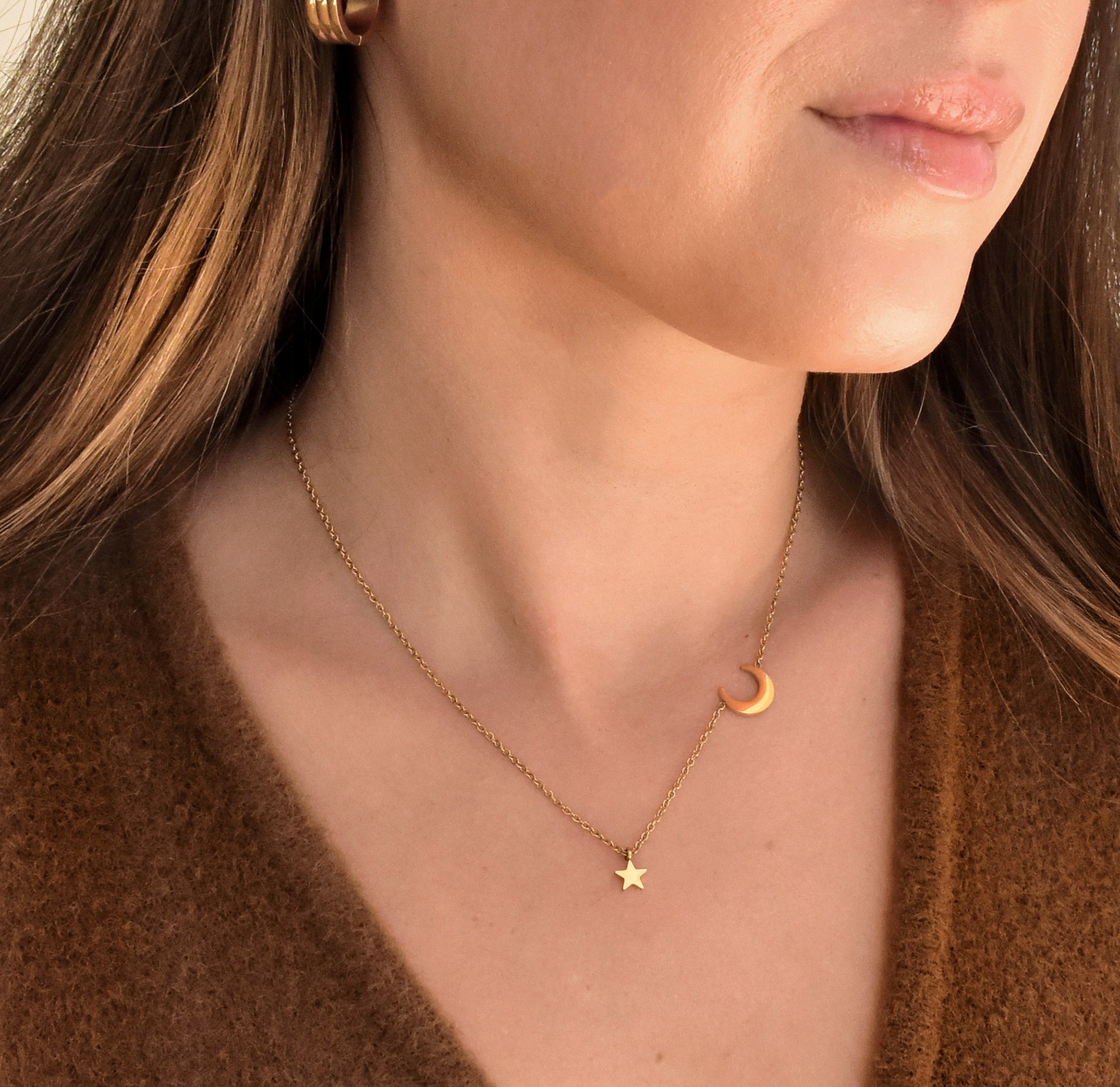 dainty star and moon gold necklace tarnish resistant