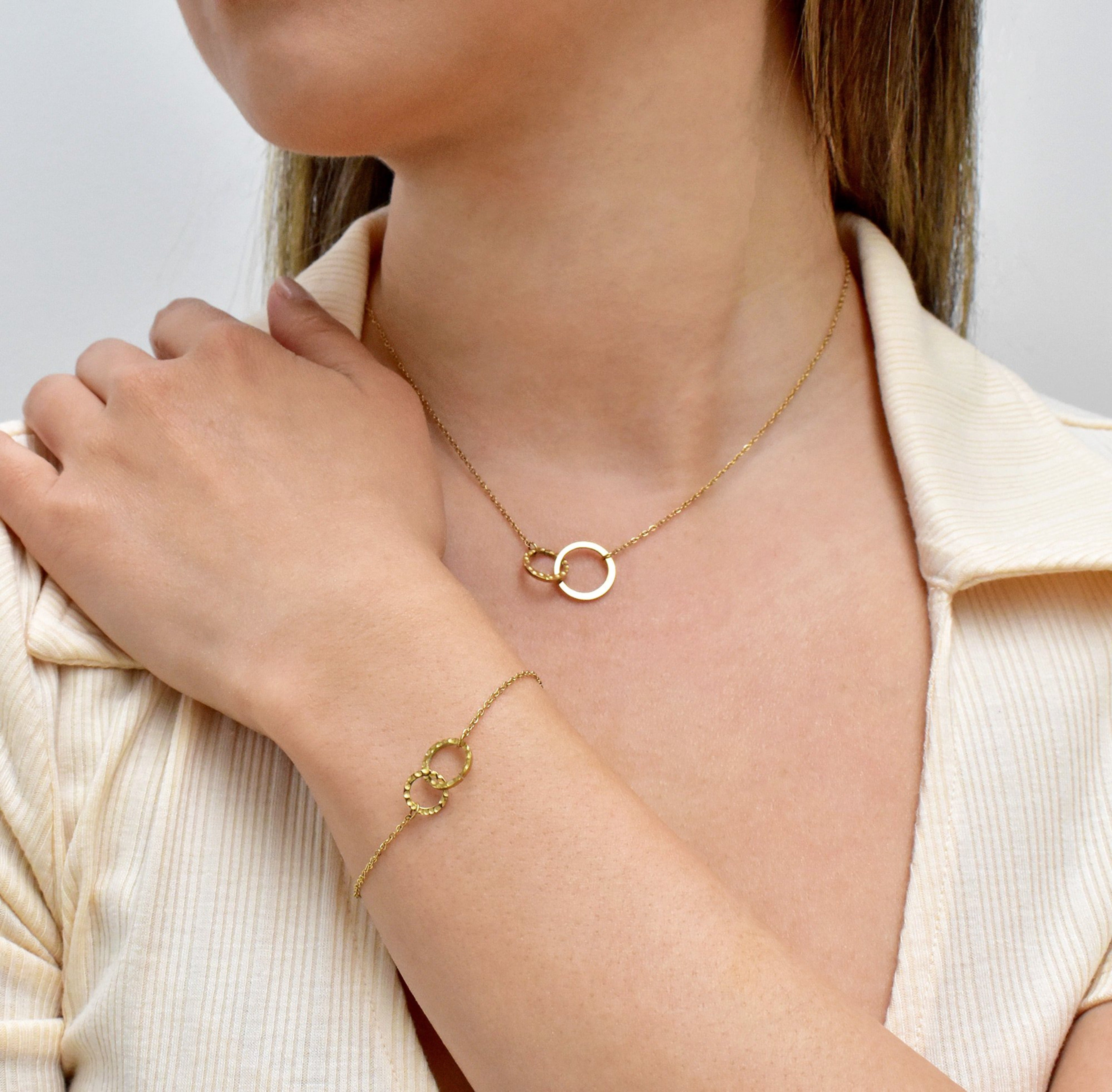 dainty gold unity link bracelet and necklace set waterproof jewelry tarnish free worn on model