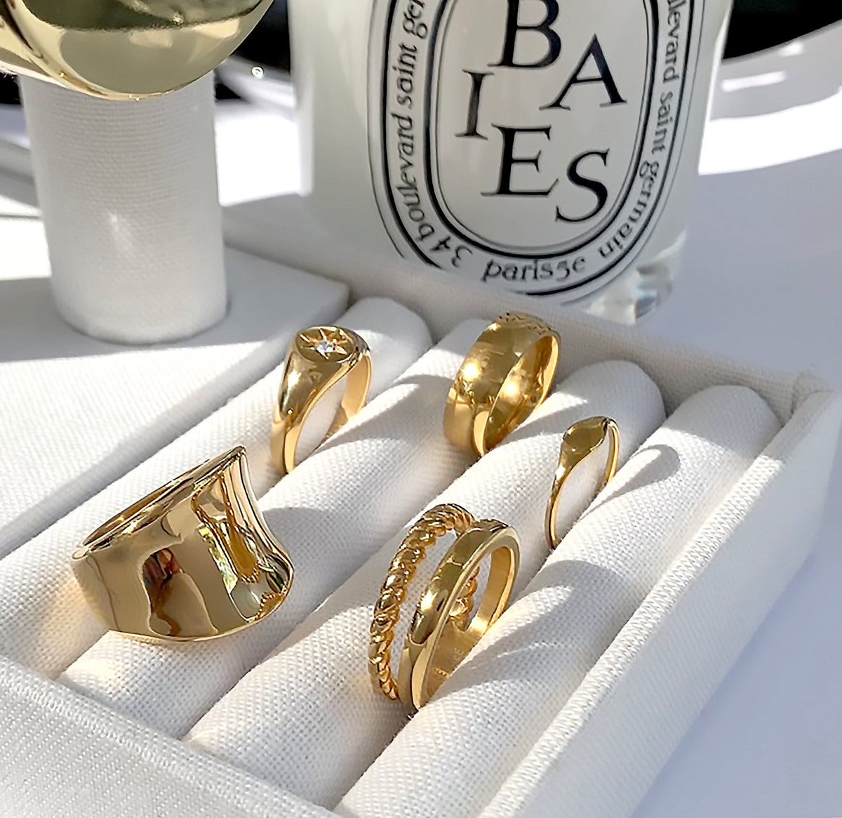 waterproof gold rings on display