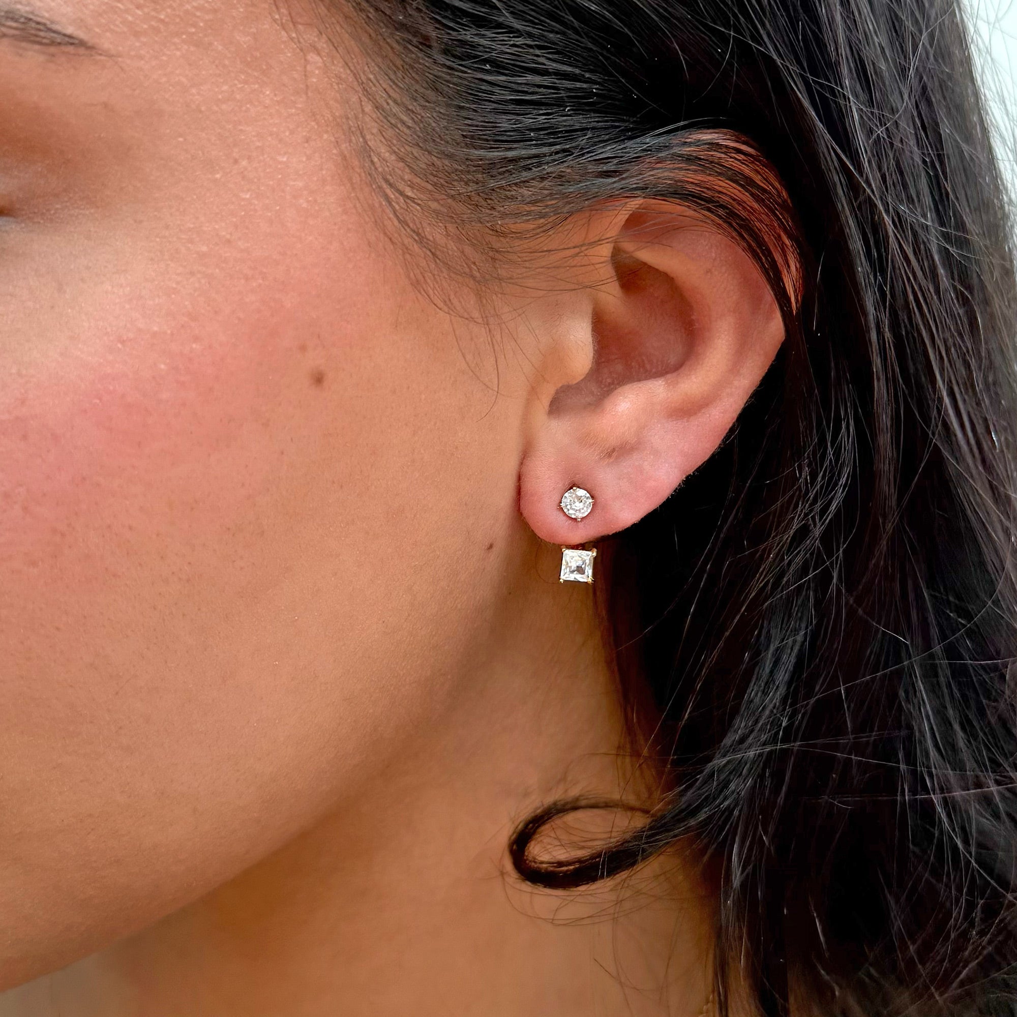 gold square diamond ear jacket waterproof jewelry on model