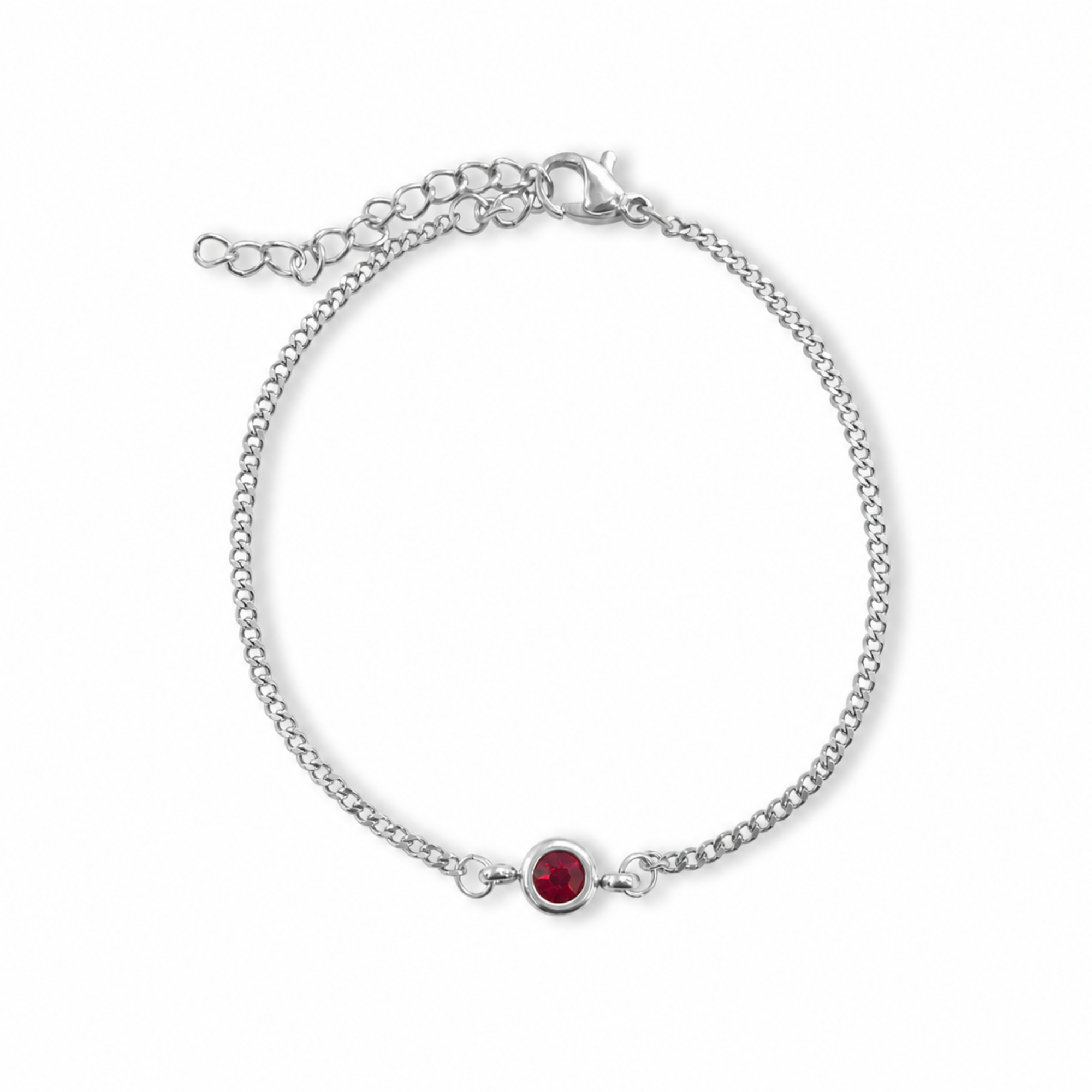 A delicate silver chain bracelet with a single round dark red gemstone set in a polished bezel, displayed on a clean white background. January birthstone bracelet