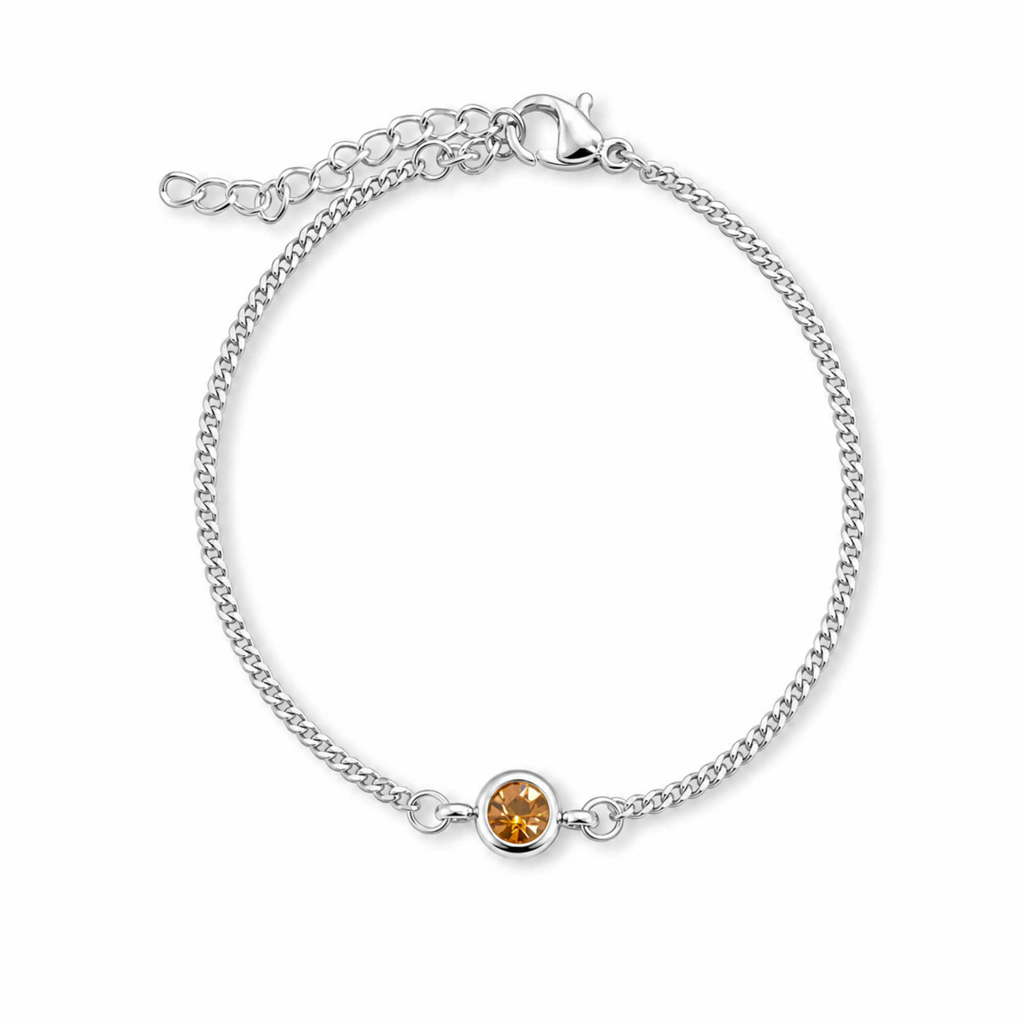 A silver chain bracelet with an adjustable lobster clasp and extender chain, featuring a single round bezel-set citrine gemstone at the center, shown on a plain white background.