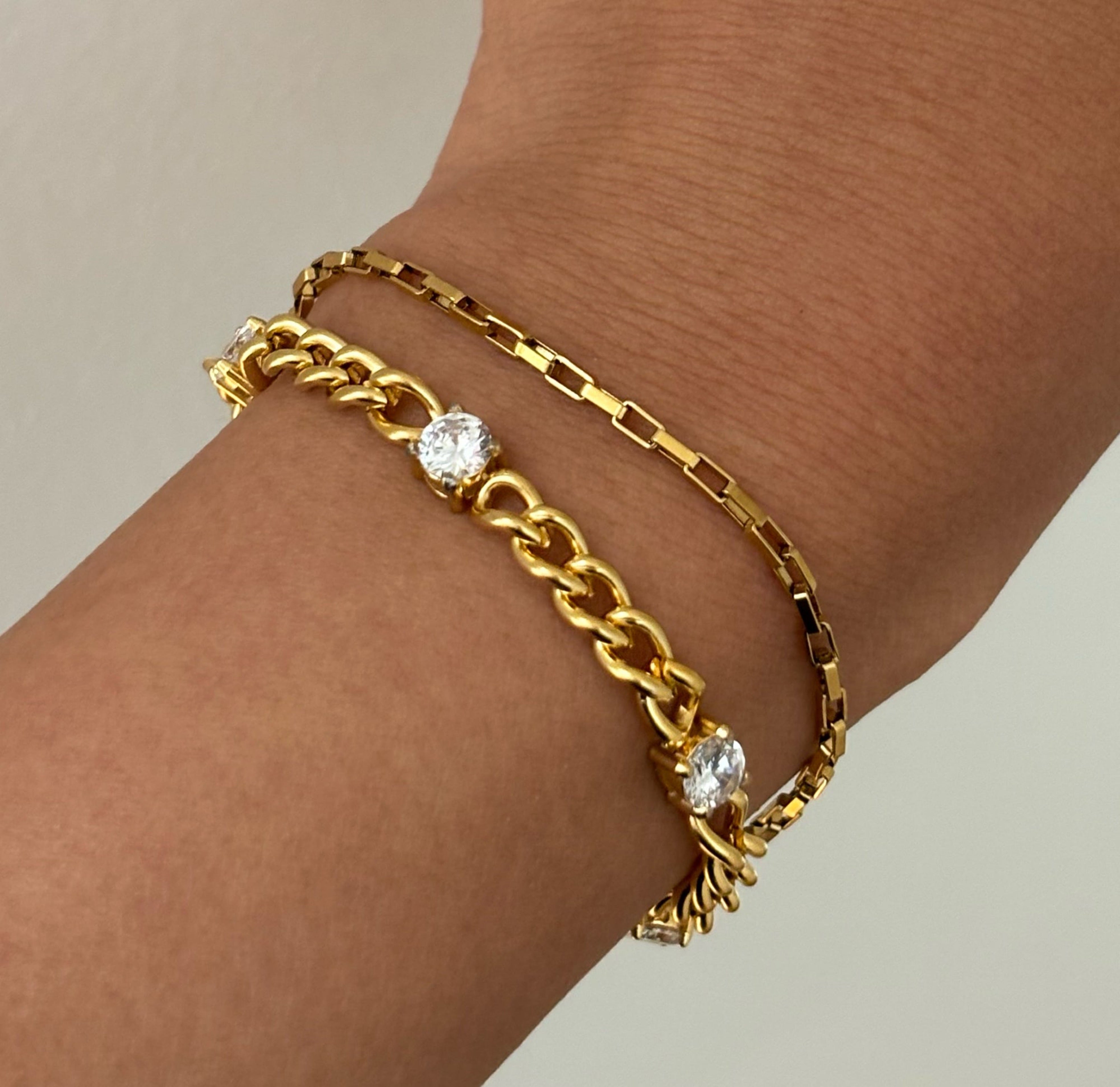 dainty gold box chain stack jewelry