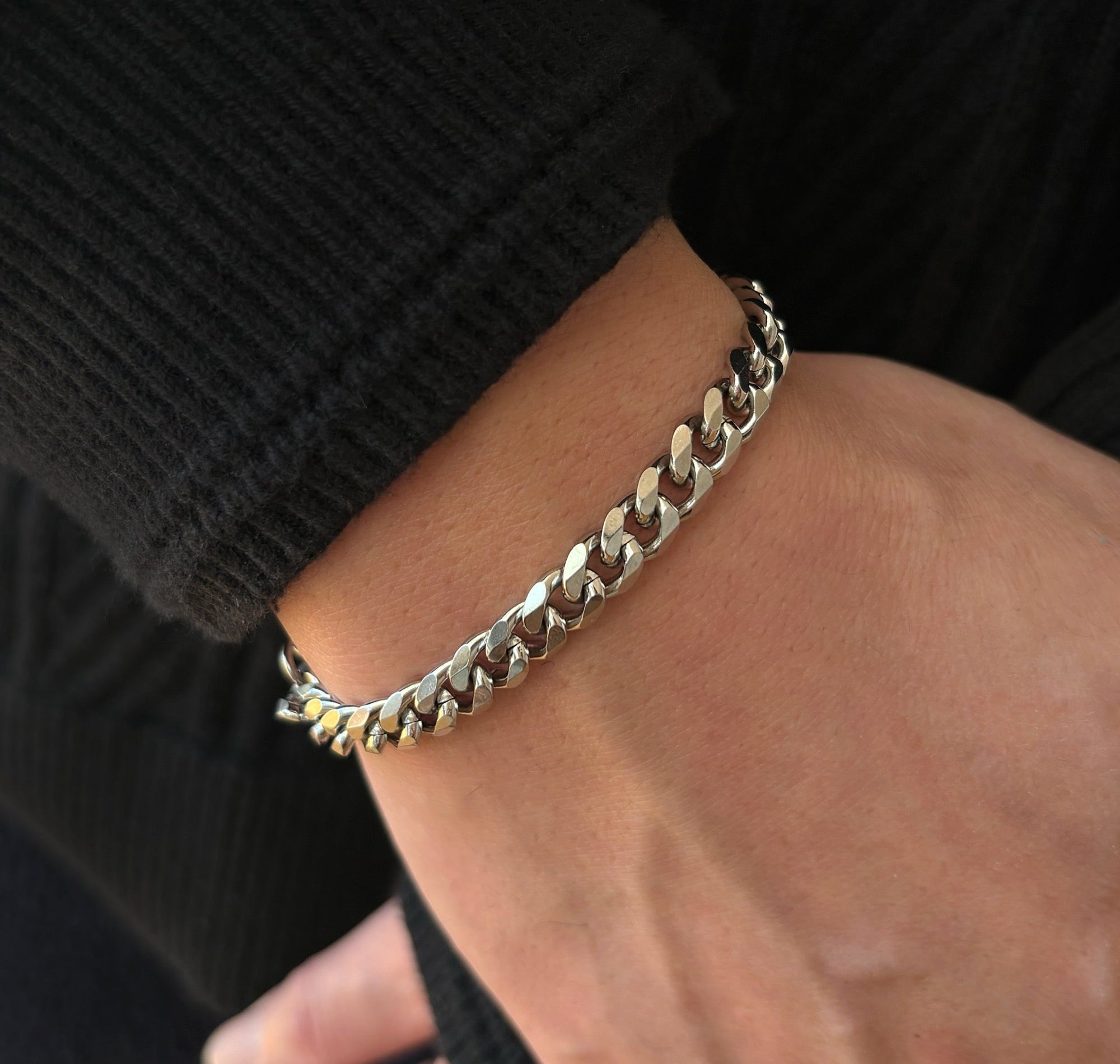 Thick Silver Curb Chain Bracelet Mens Waterproof Jewelry