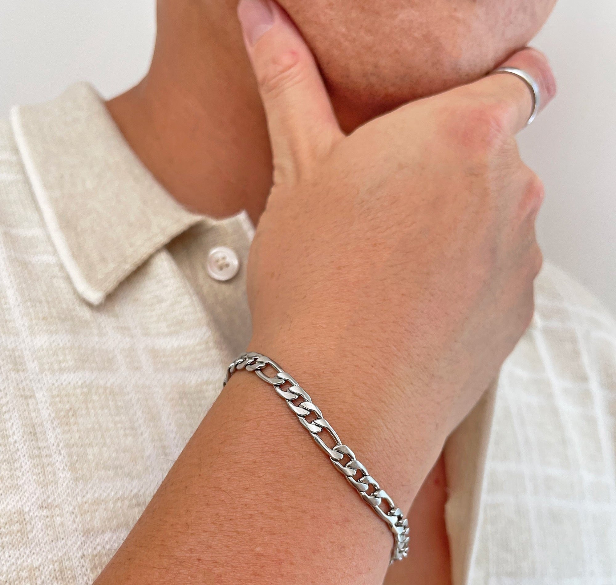 silver figaro chain bracelet mens waterproof jewelry