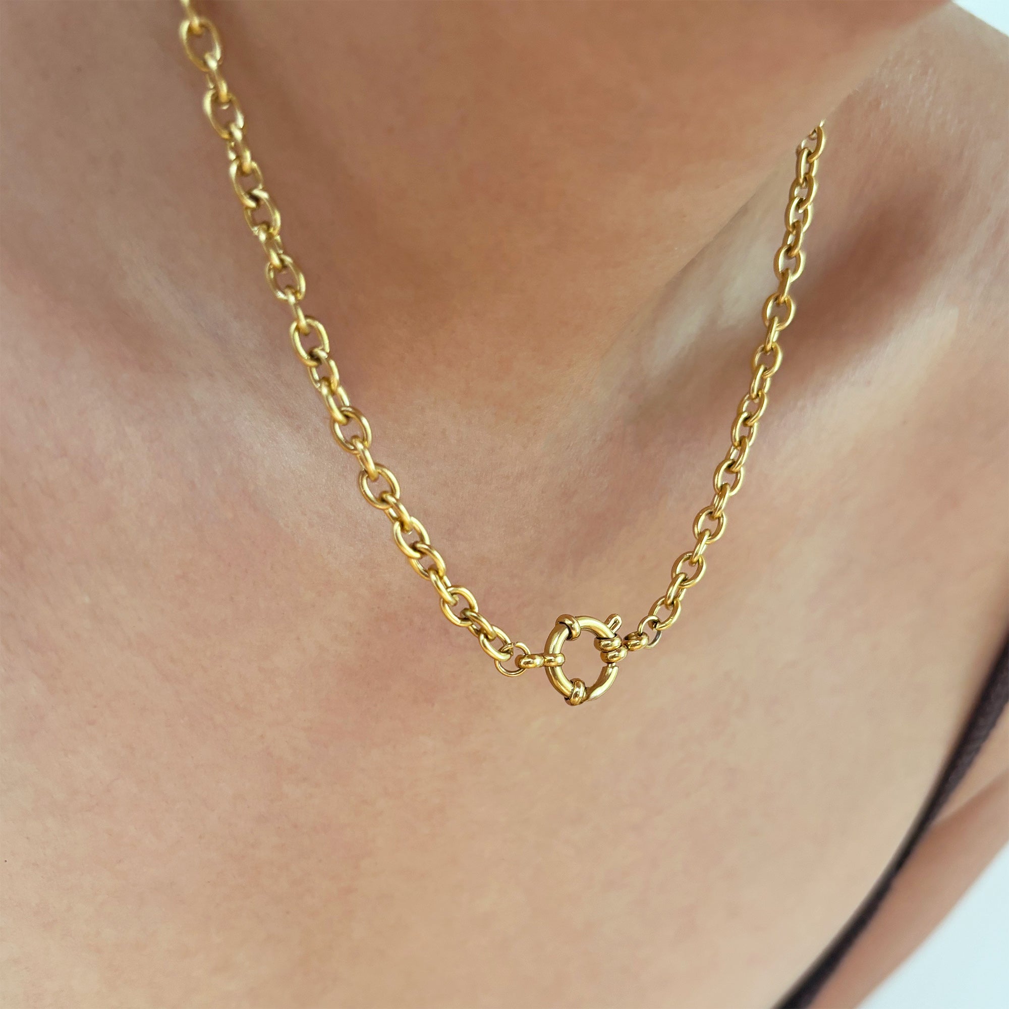 gold cable chain charm necklace waterproof jewelry worn on model
