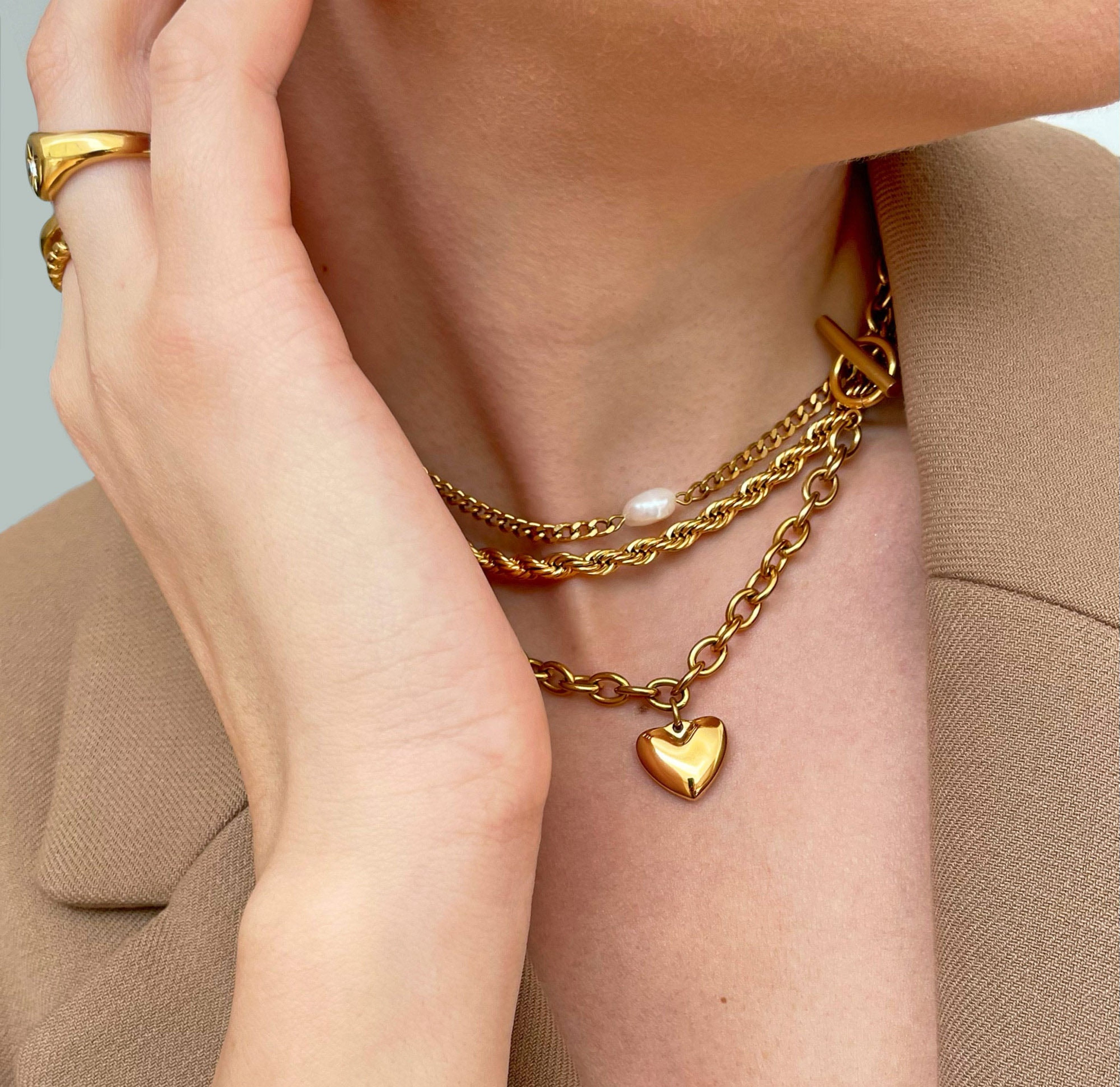 gold heart toggle chain stack waterproof jewelry