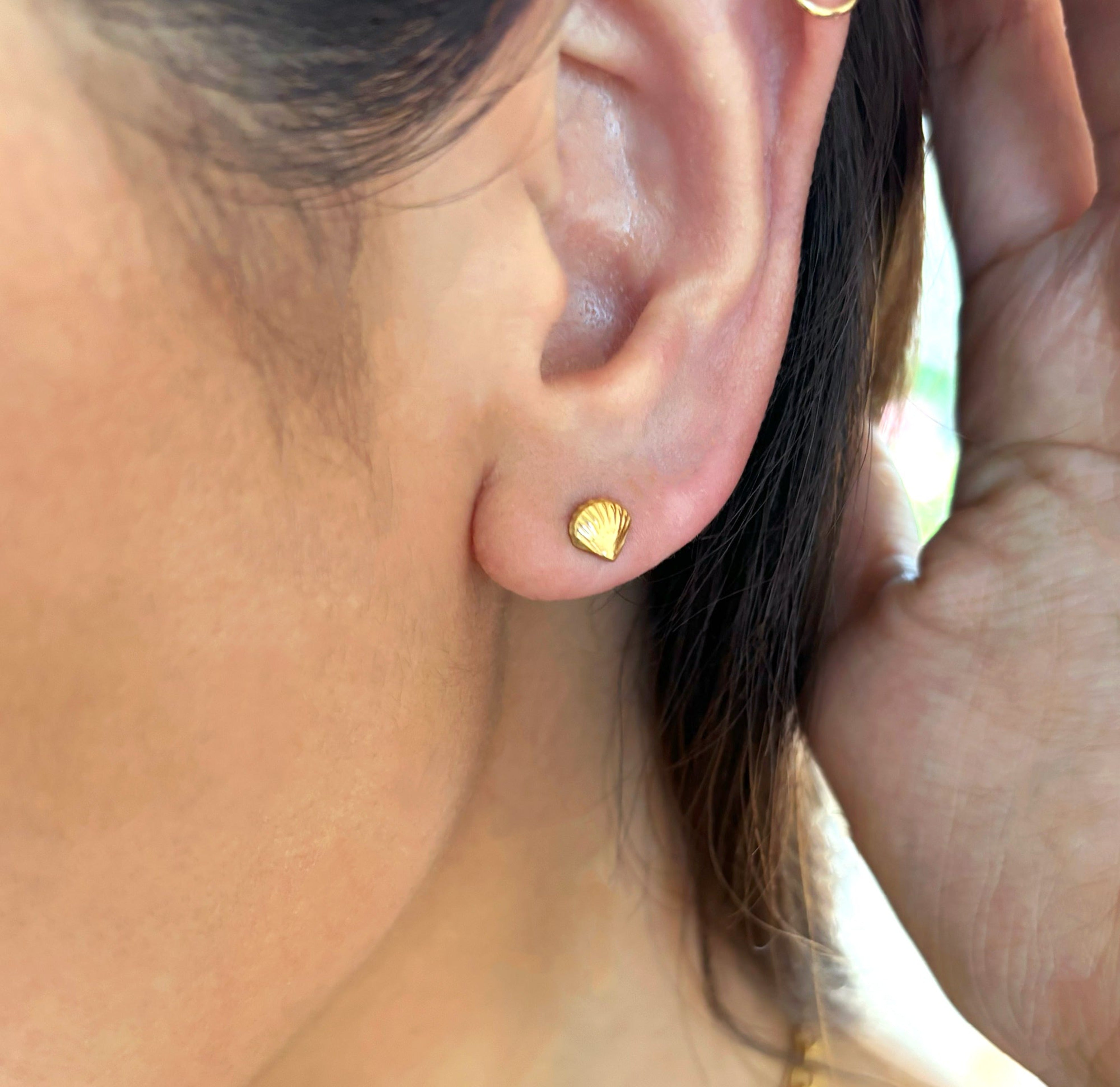 Dainty gold sea shell stud earrings worn on model