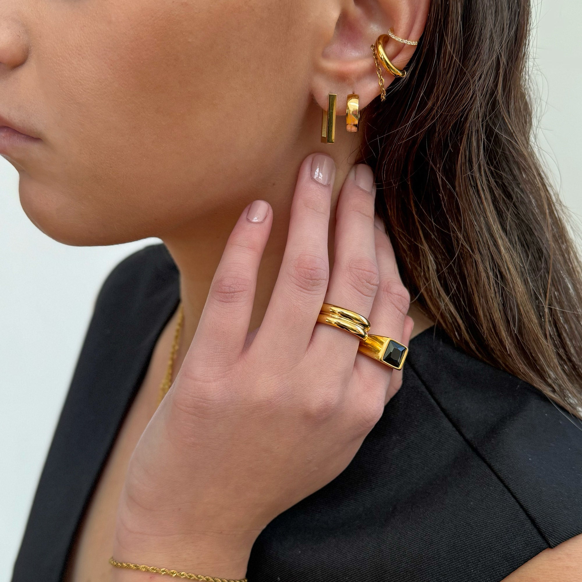 gold-double-ribbed-ring  worn on model tarnish free jewelry