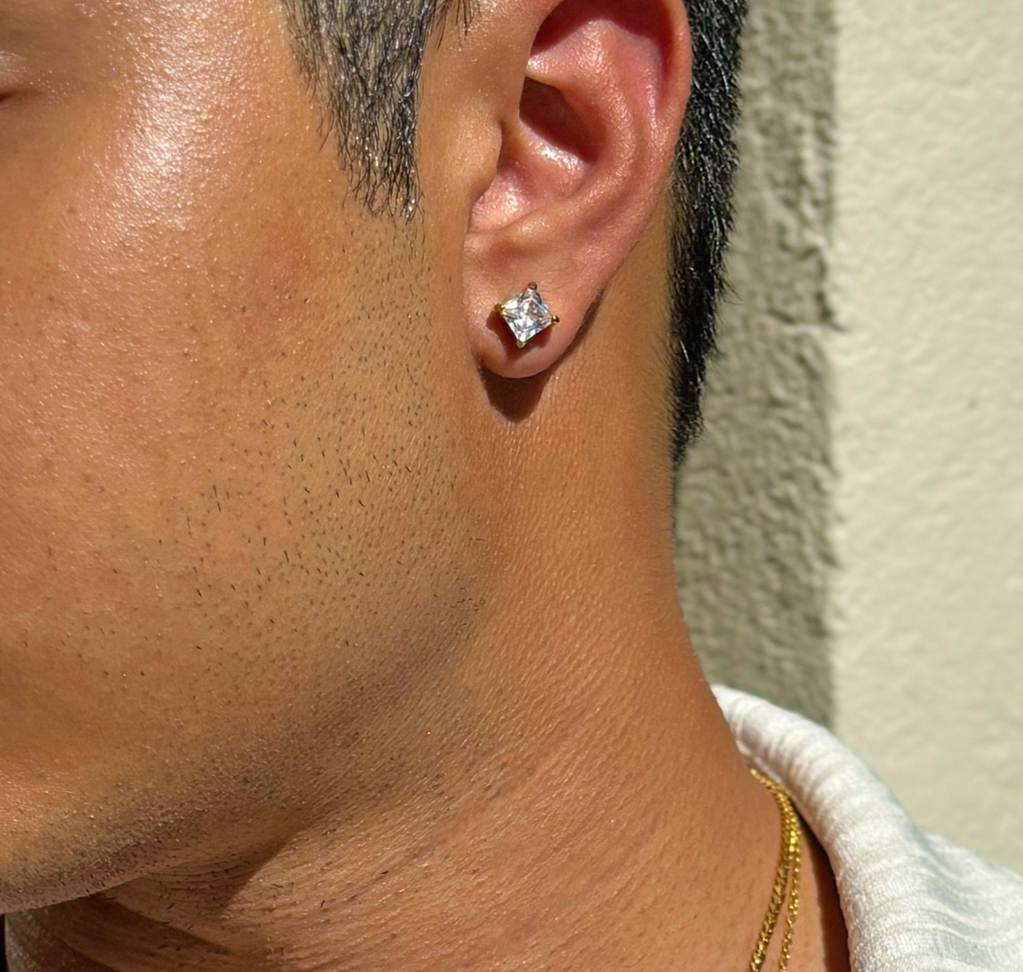 gold square diamond earring mens waterproof jewelry